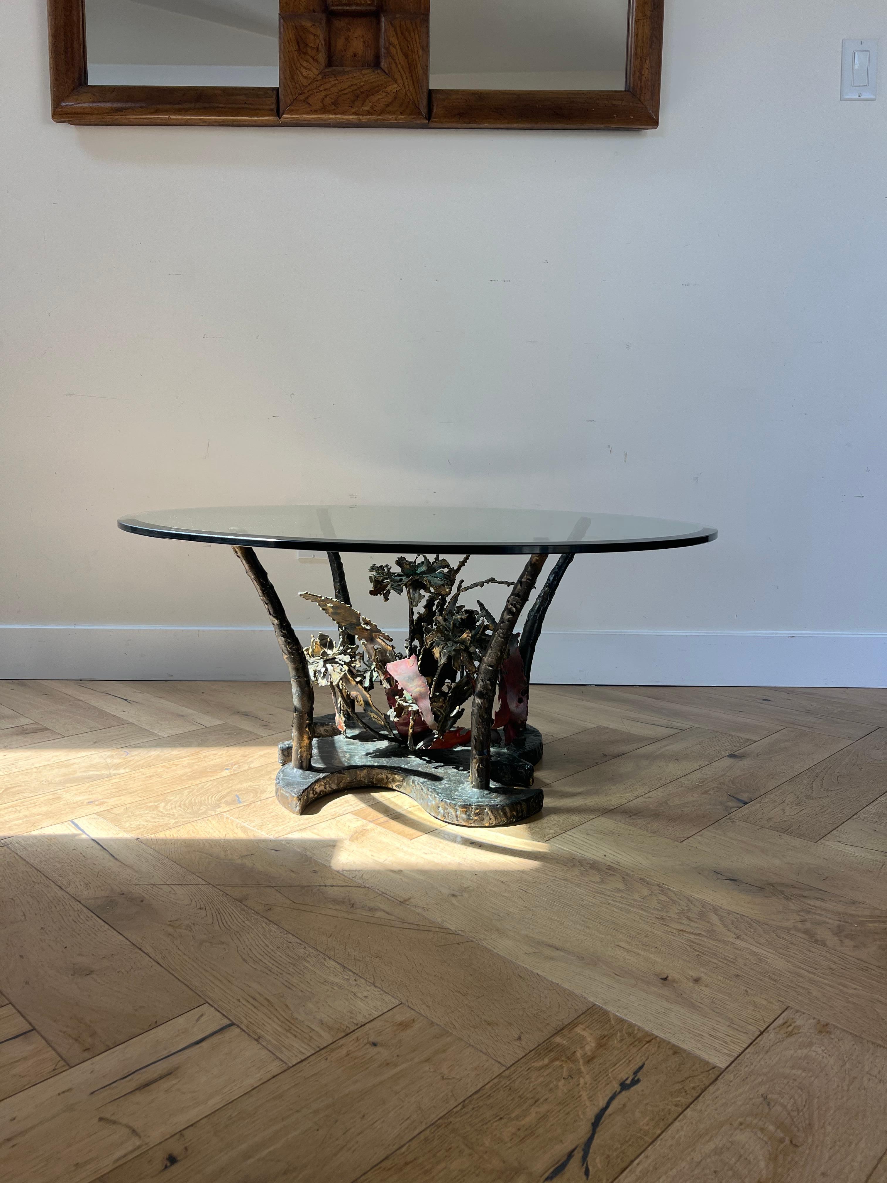 Brutalist Iron and Glass Coffee Table by Silas Seandel, Signed, 1970s For Sale 5