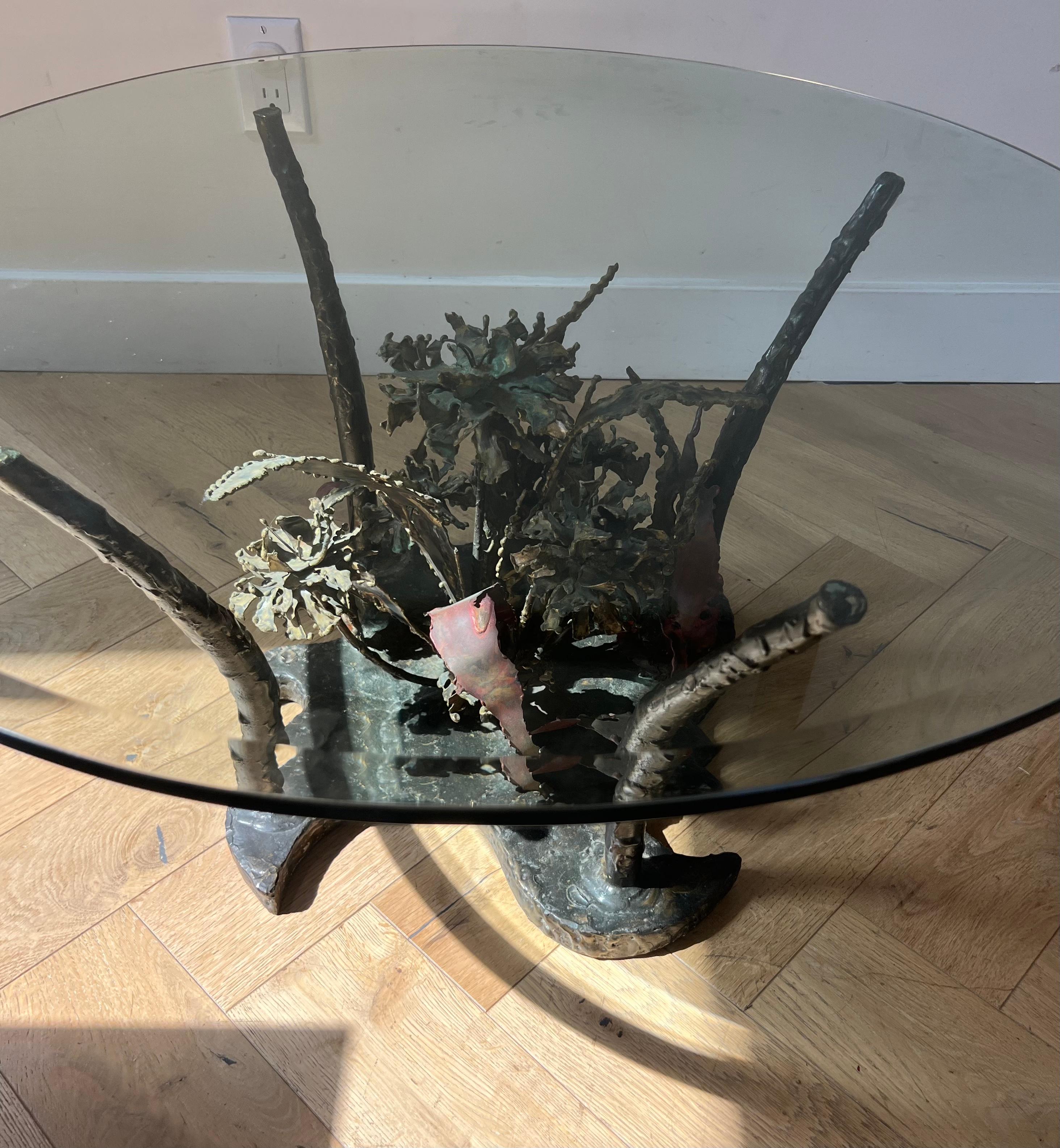 Brutalist Iron and Glass Coffee Table by Silas Seandel, Signed, 1970s For Sale 6