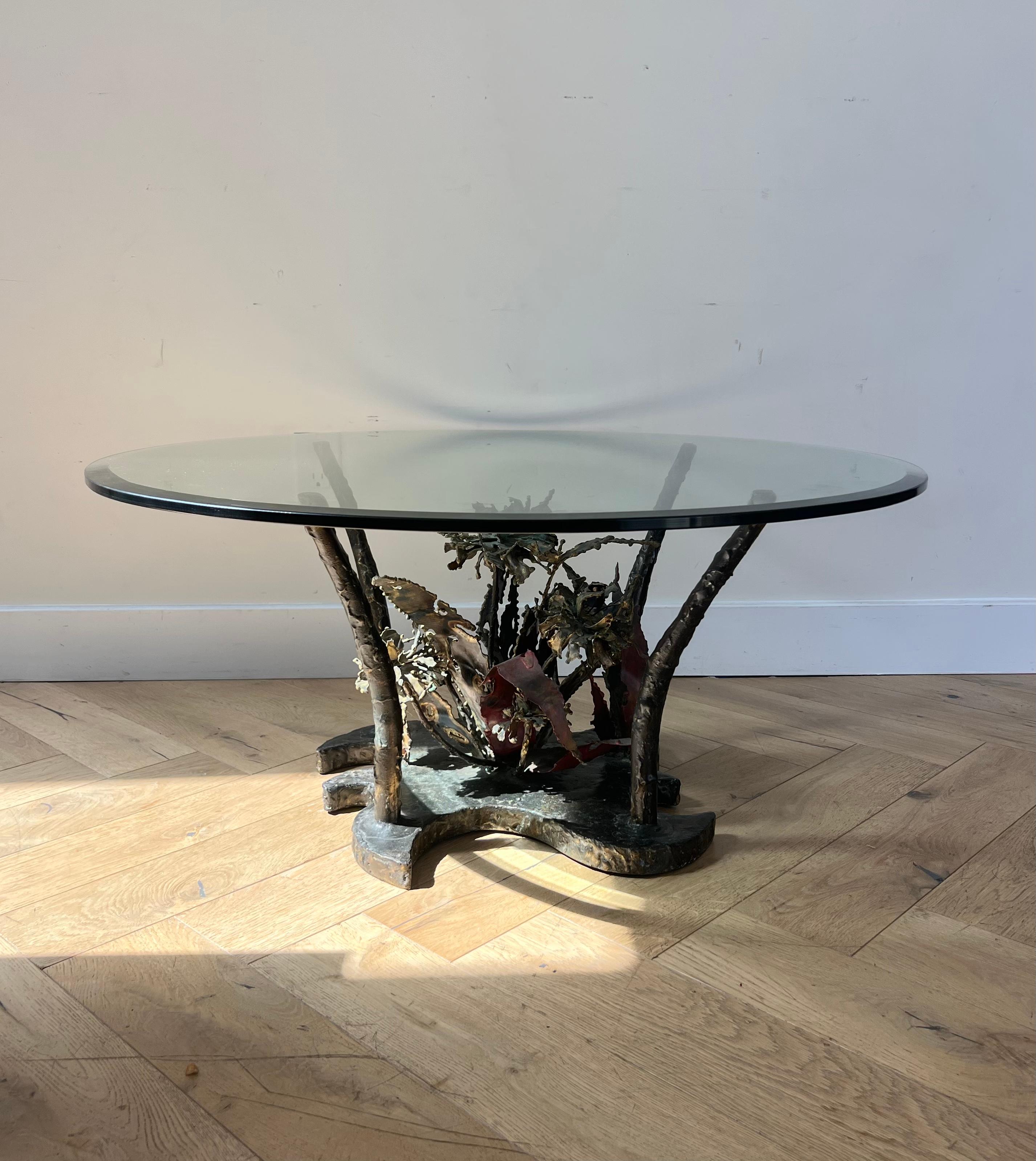 Brutalist Iron and Glass Coffee Table by Silas Seandel, Signed, 1970s For Sale 13