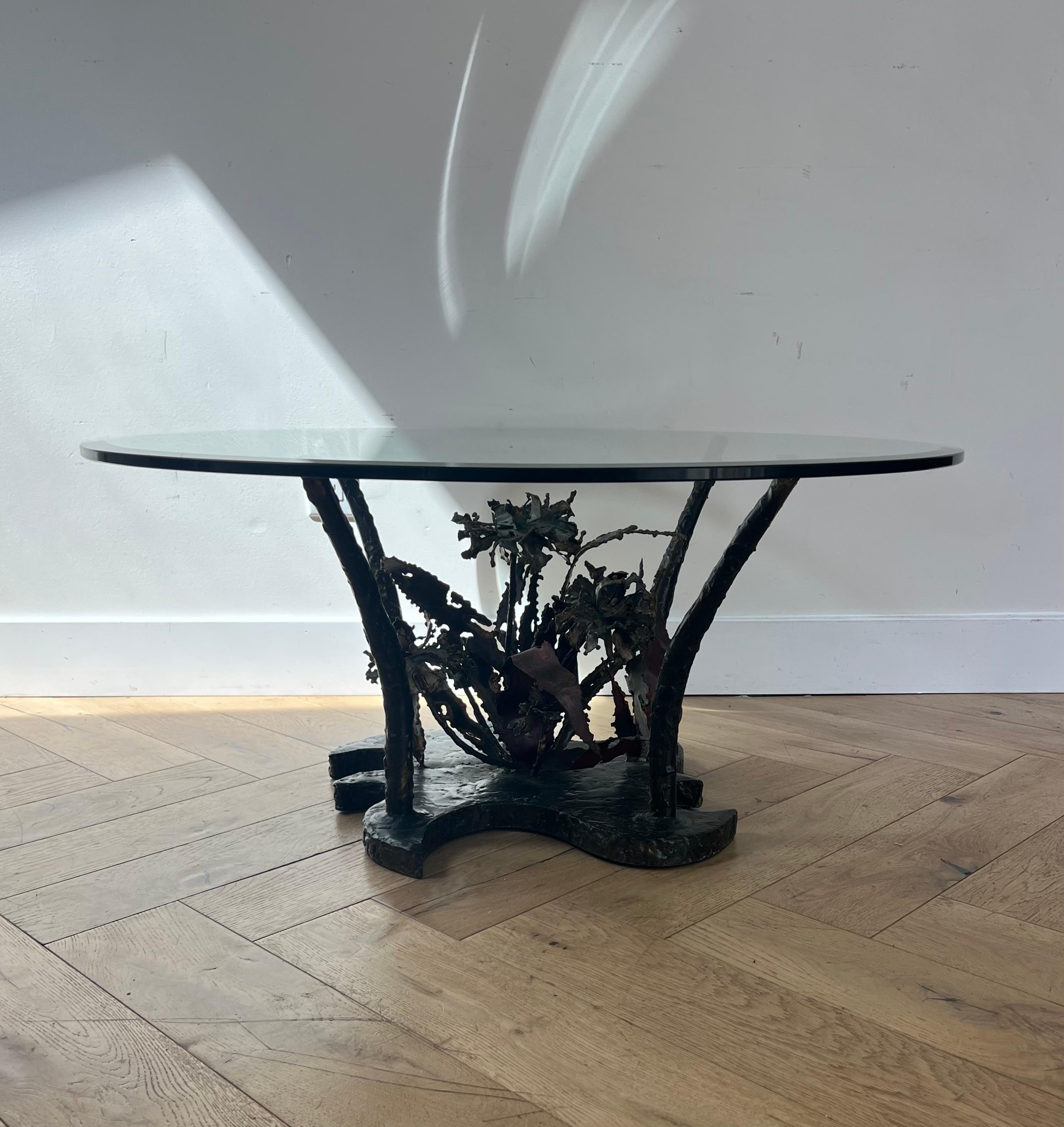 Brutalist Iron and Glass Coffee Table by Silas Seandel, Signed, 1970s 15