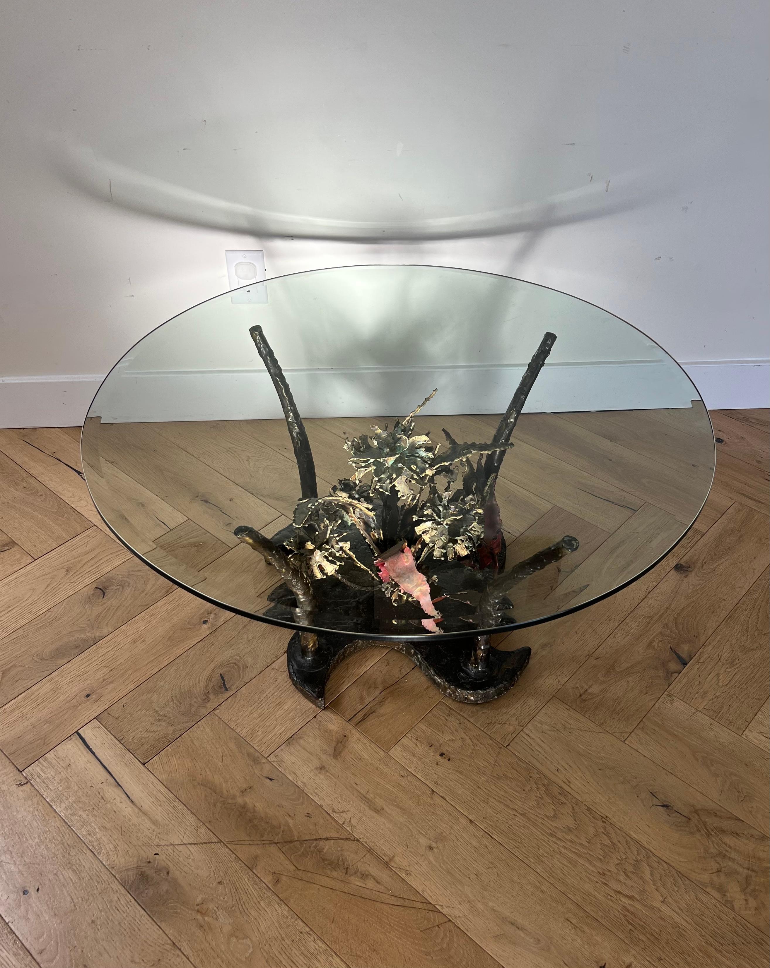 Brutalist Iron and Glass Coffee Table by Silas Seandel, Signed, 1970s In Good Condition For Sale In View Park, CA