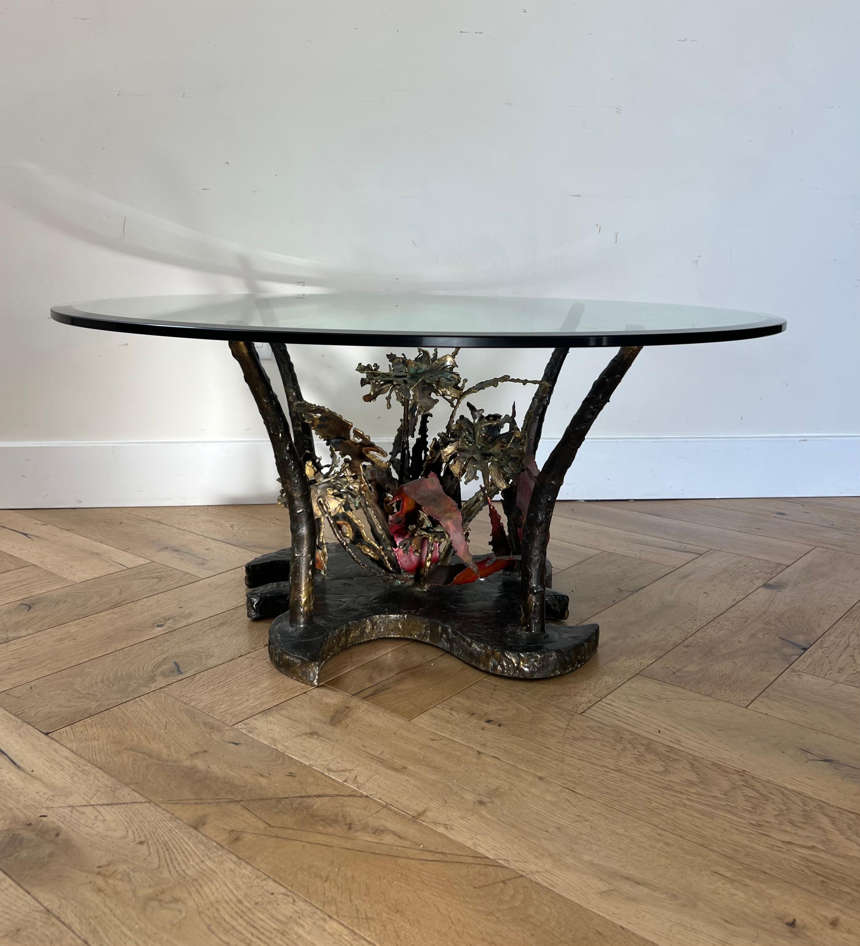 Late 20th Century Brutalist Iron and Glass Coffee Table by Silas Seandel, Signed, 1970s For Sale