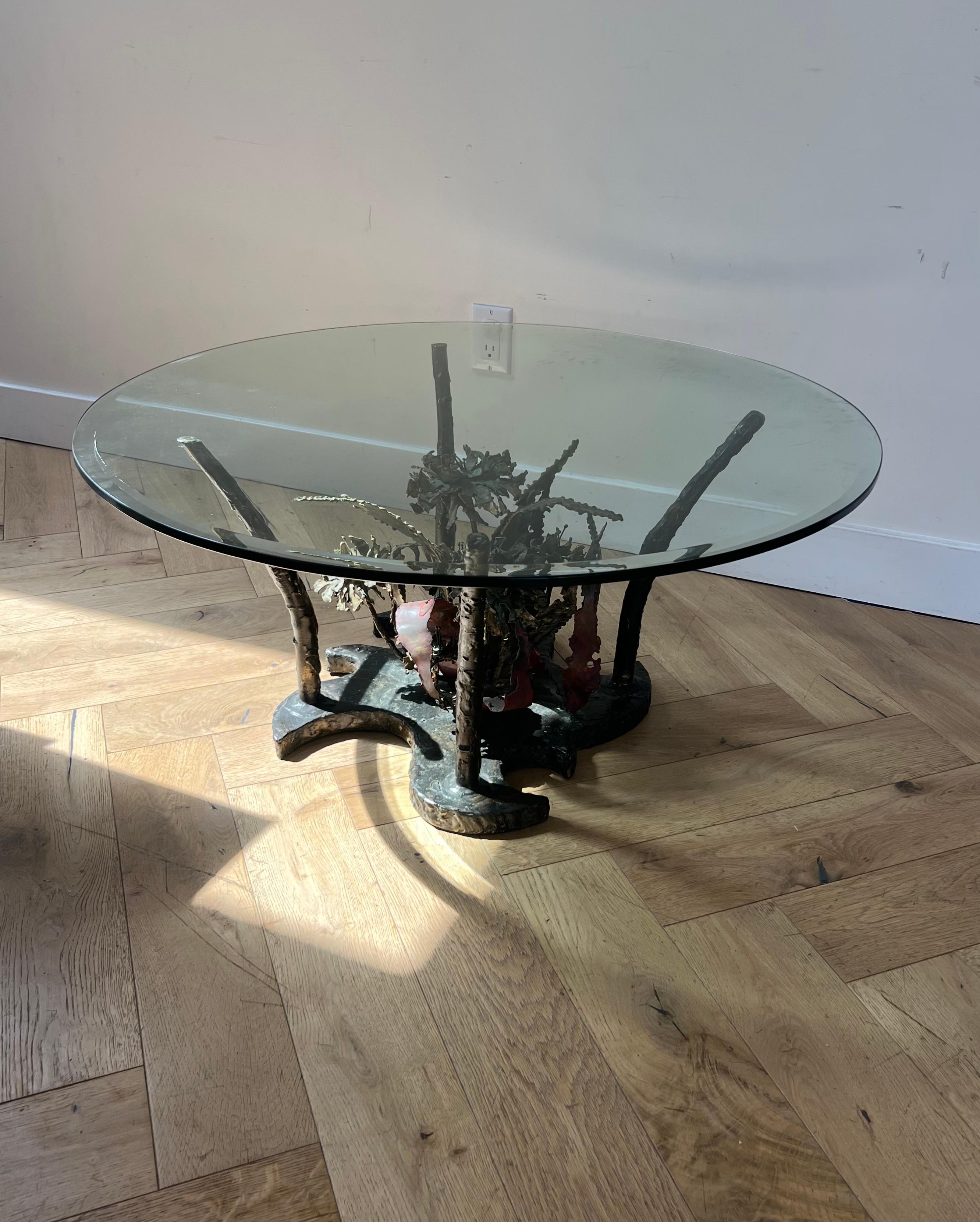 Brutalist Iron and Glass Coffee Table by Silas Seandel, Signed, 1970s For Sale 4