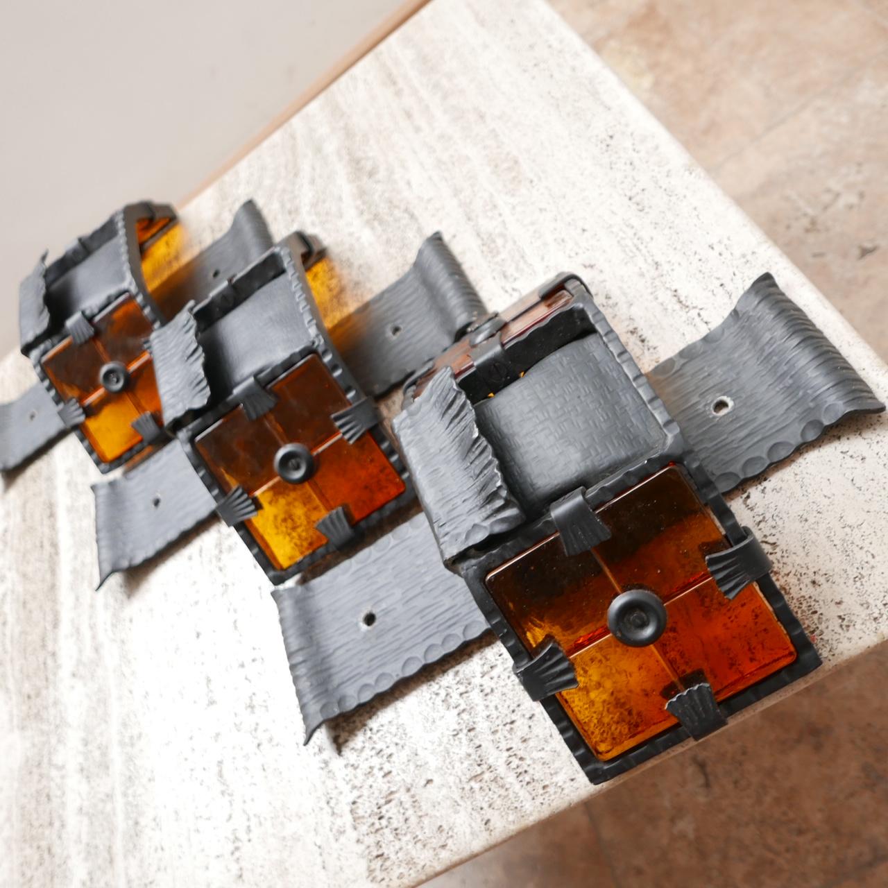 Belgian Brutalist Iron and Glass Mid-Century Wall Lights For Sale