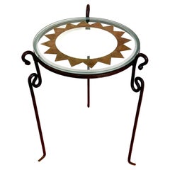 Brutalist Iron and Glass Side Table with Etched Sun, 20th Century