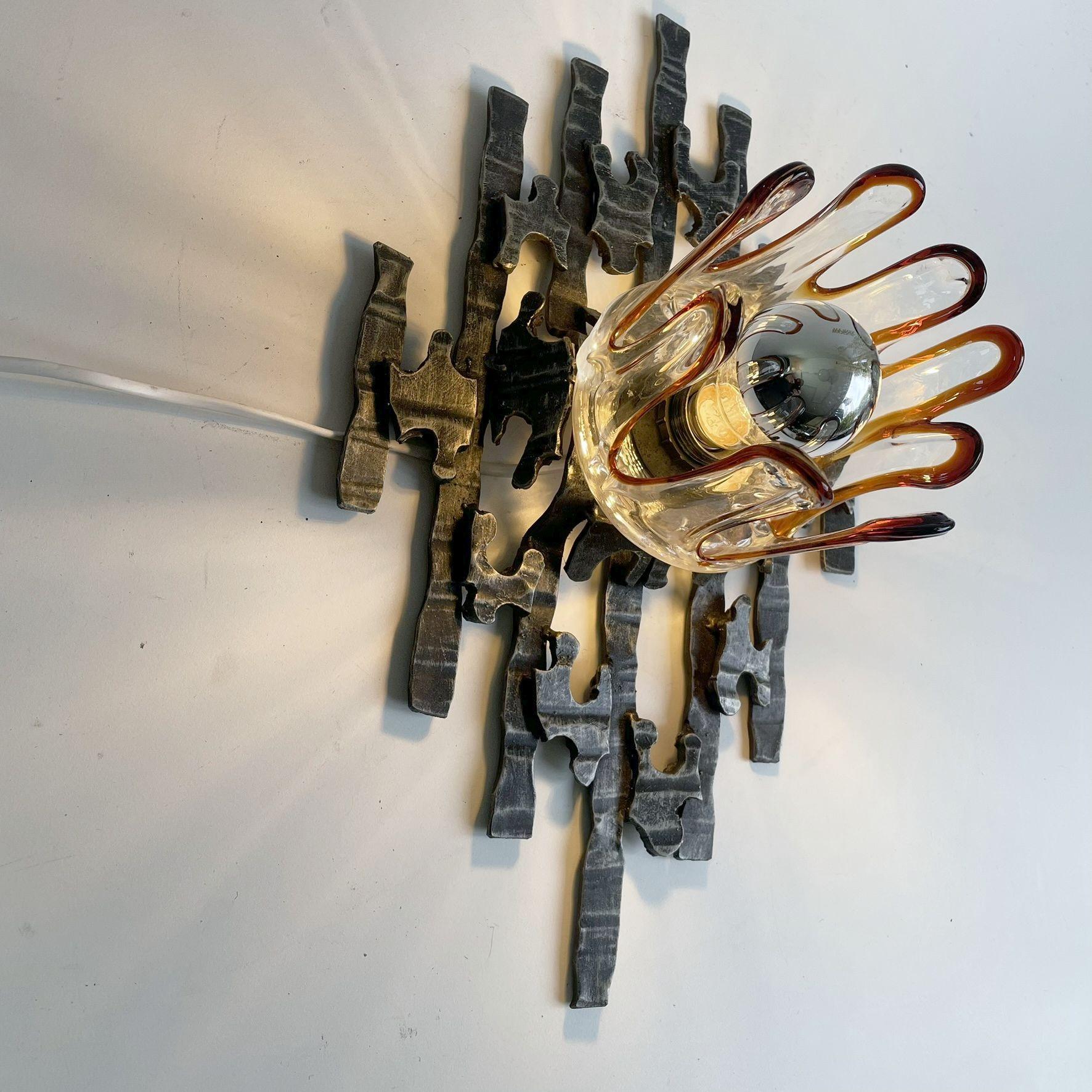 Brutalist Iron and Glass Wall Lamp from Germany In Good Condition For Sale In DOORWERTH, NL