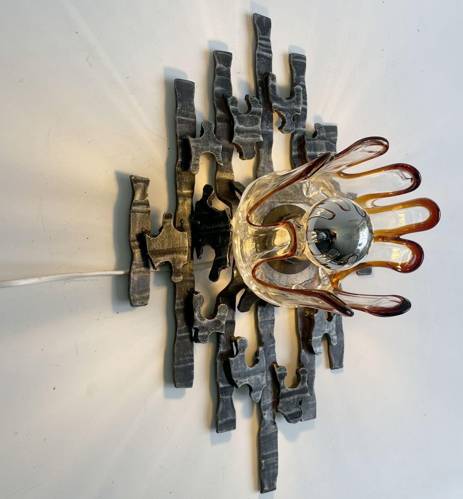 Late 20th Century Brutalist Iron and Glass Wall Lamp from Germany For Sale