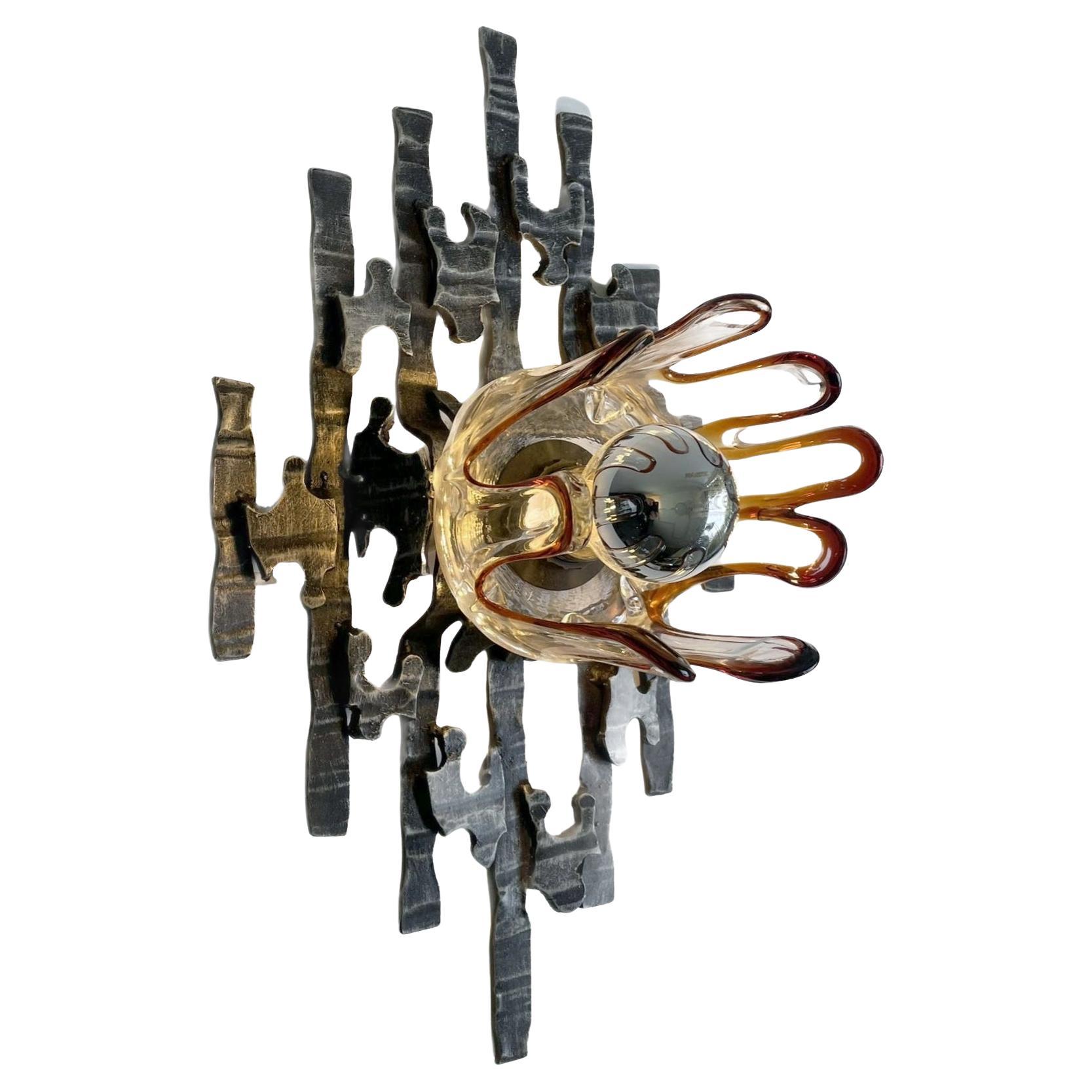 Brutalist Iron and Glass Wall Lamp from Germany
