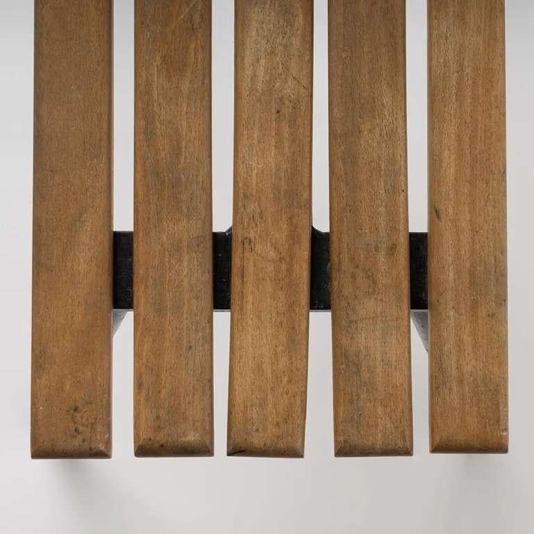 French Brutalist Iron and Wood Slats Stools, France, 1970s For Sale