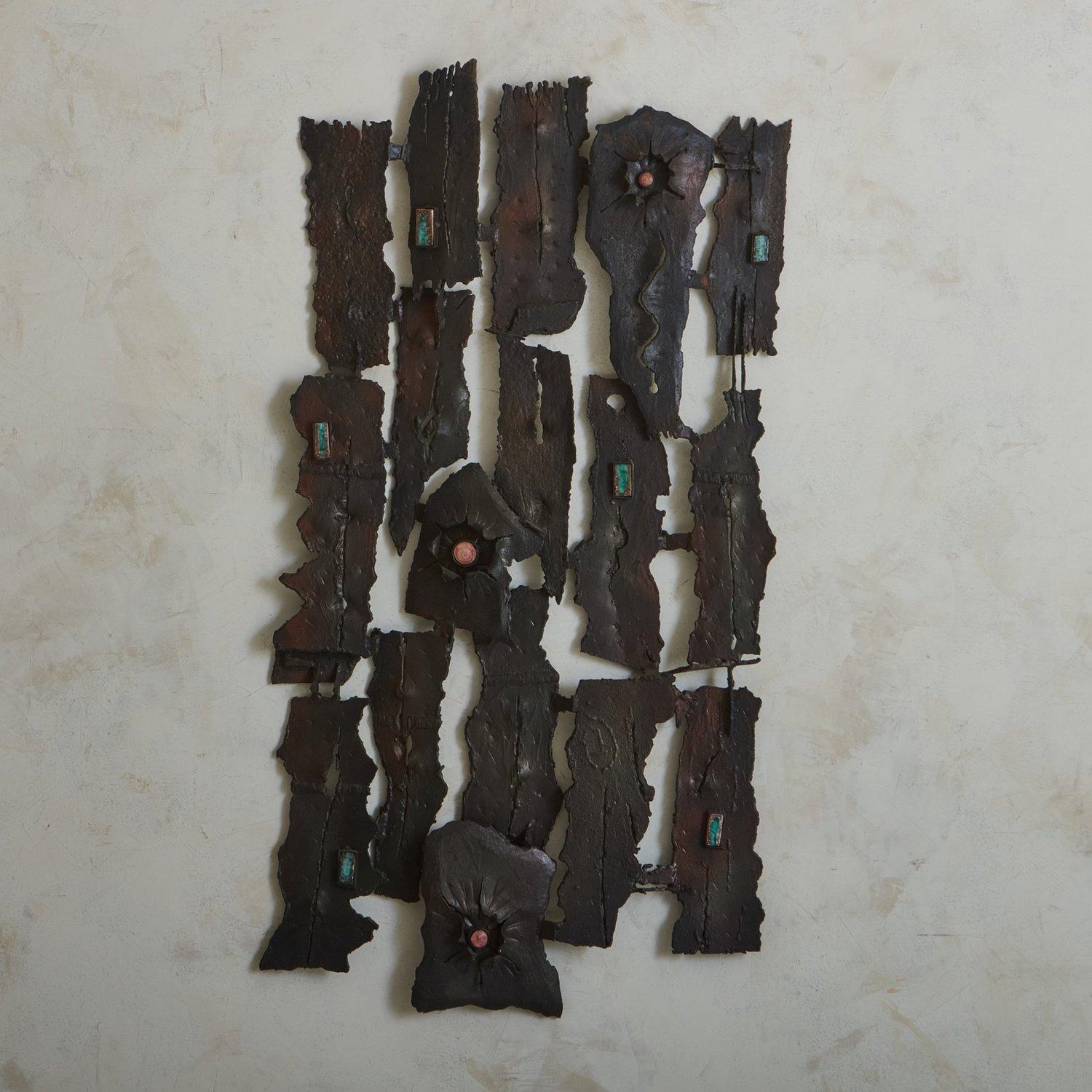 Late 20th Century Brutalist Iron + Ceramic Wall Sculpture, France 1970s For Sale