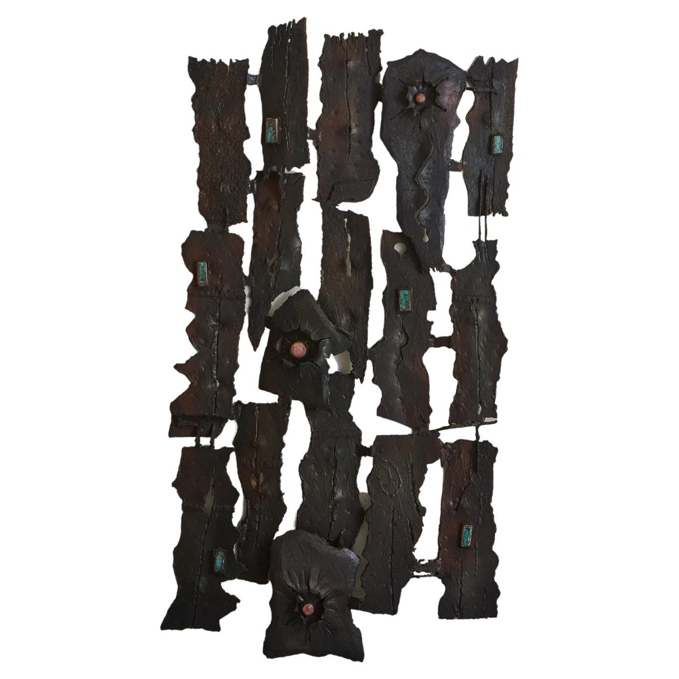 Brutalist Iron + Ceramic Wall Sculpture, France 1970s For Sale