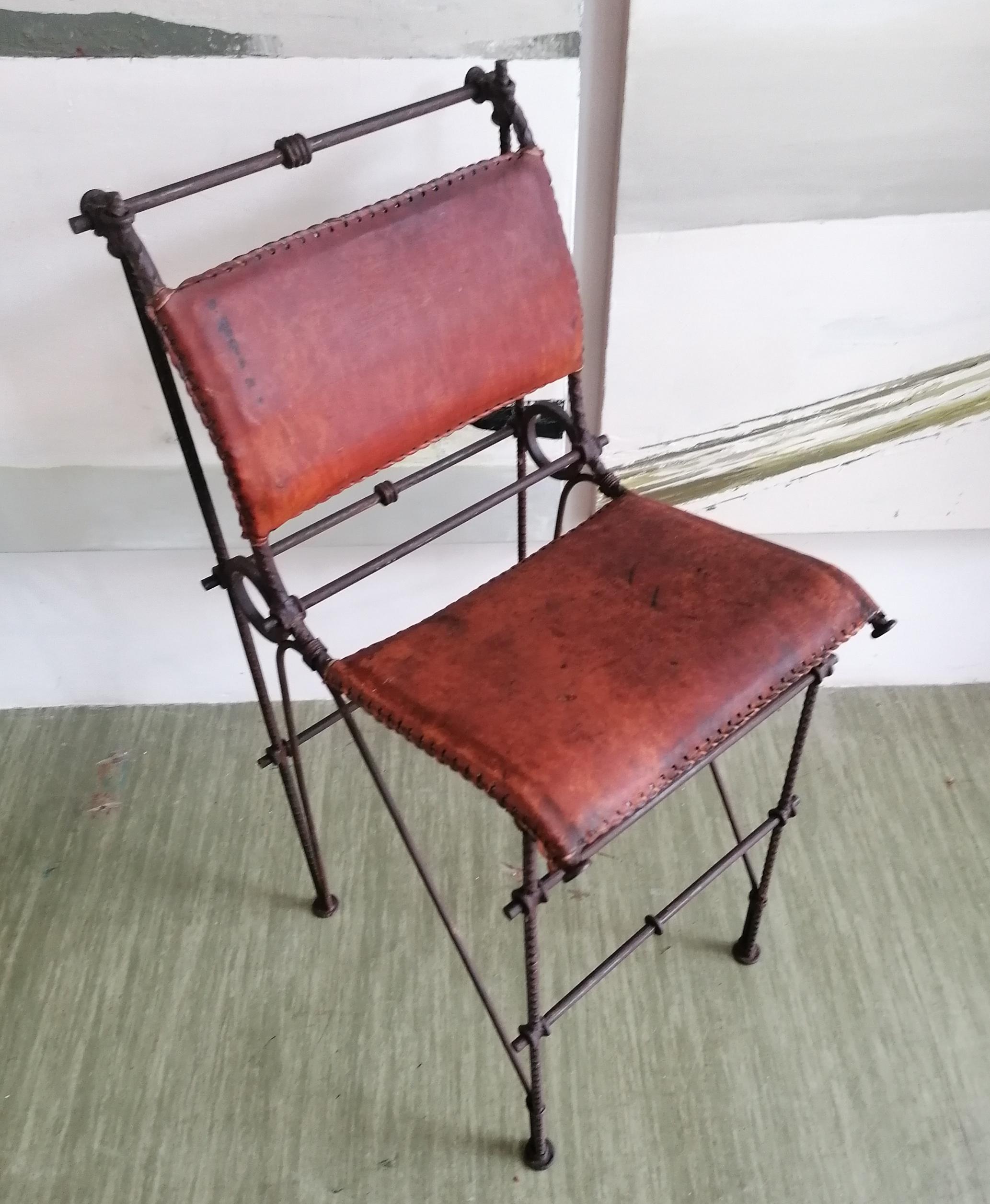 Brutalist iron & hide leather bar stools by Ilana Goor, 1970s. Three available For Sale 5