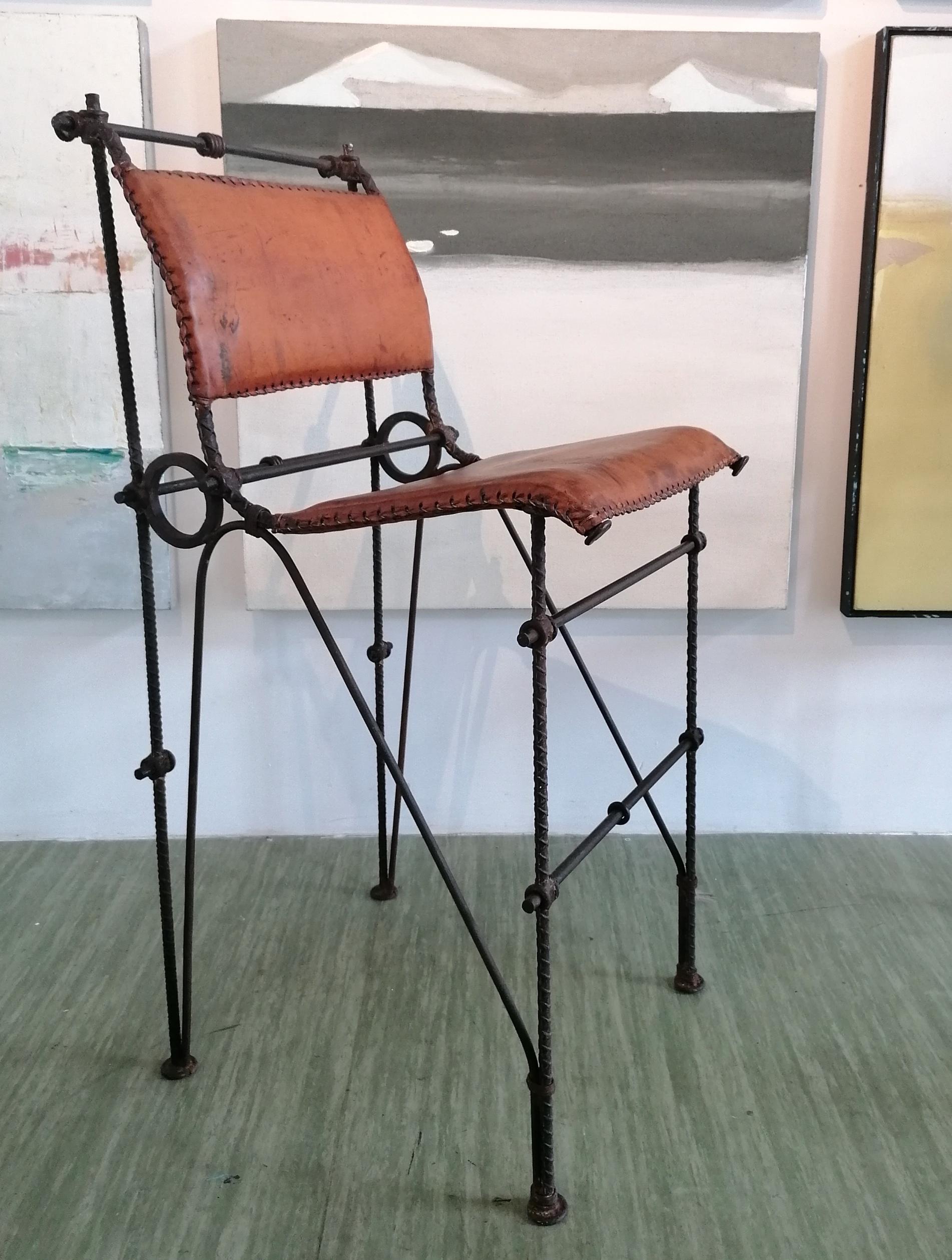 Brutalist iron & hide leather bar stools by Ilana Goor, 1970s. Three available For Sale 6