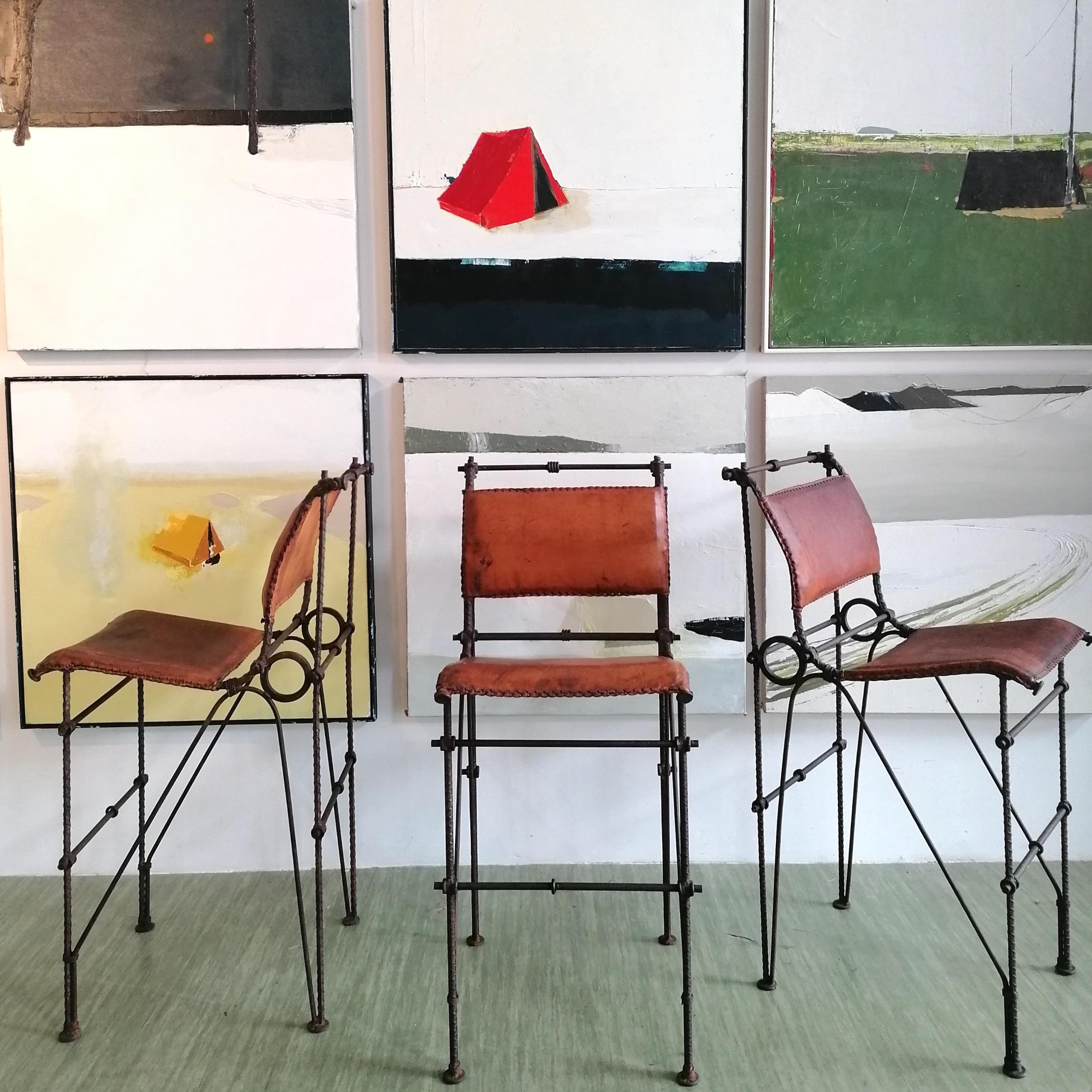 Brutalist iron & hide leather bar stools by Ilana Goor, 1970s. Handmade Rebar iron and steel frame, with beautifully patinated thick whipstitched hide leather seats & backs
Three available: you will be able to select your choice of stool(s). Please