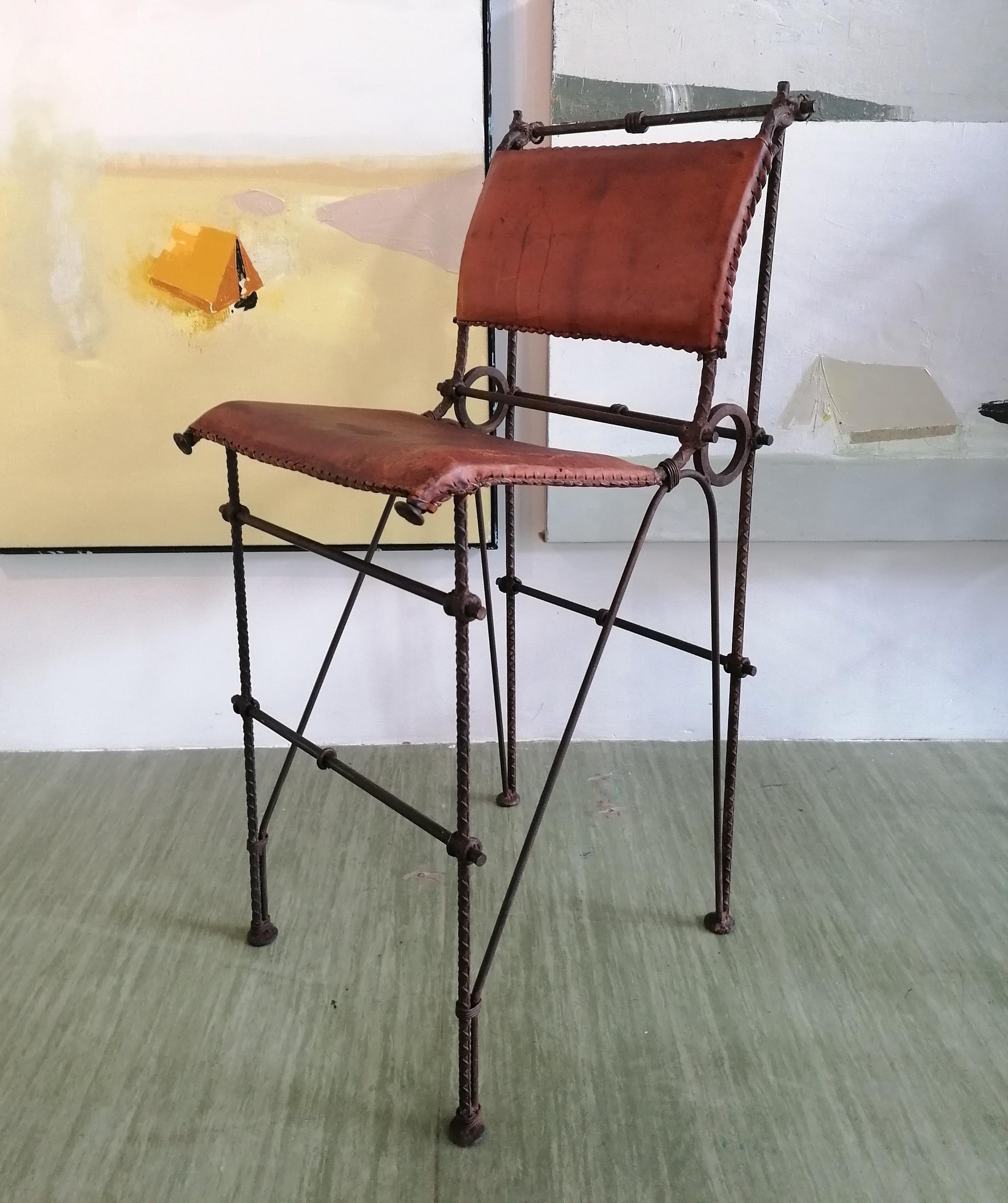 Late 20th Century Brutalist iron & hide leather bar stools by Ilana Goor, 1970s. Three available For Sale
