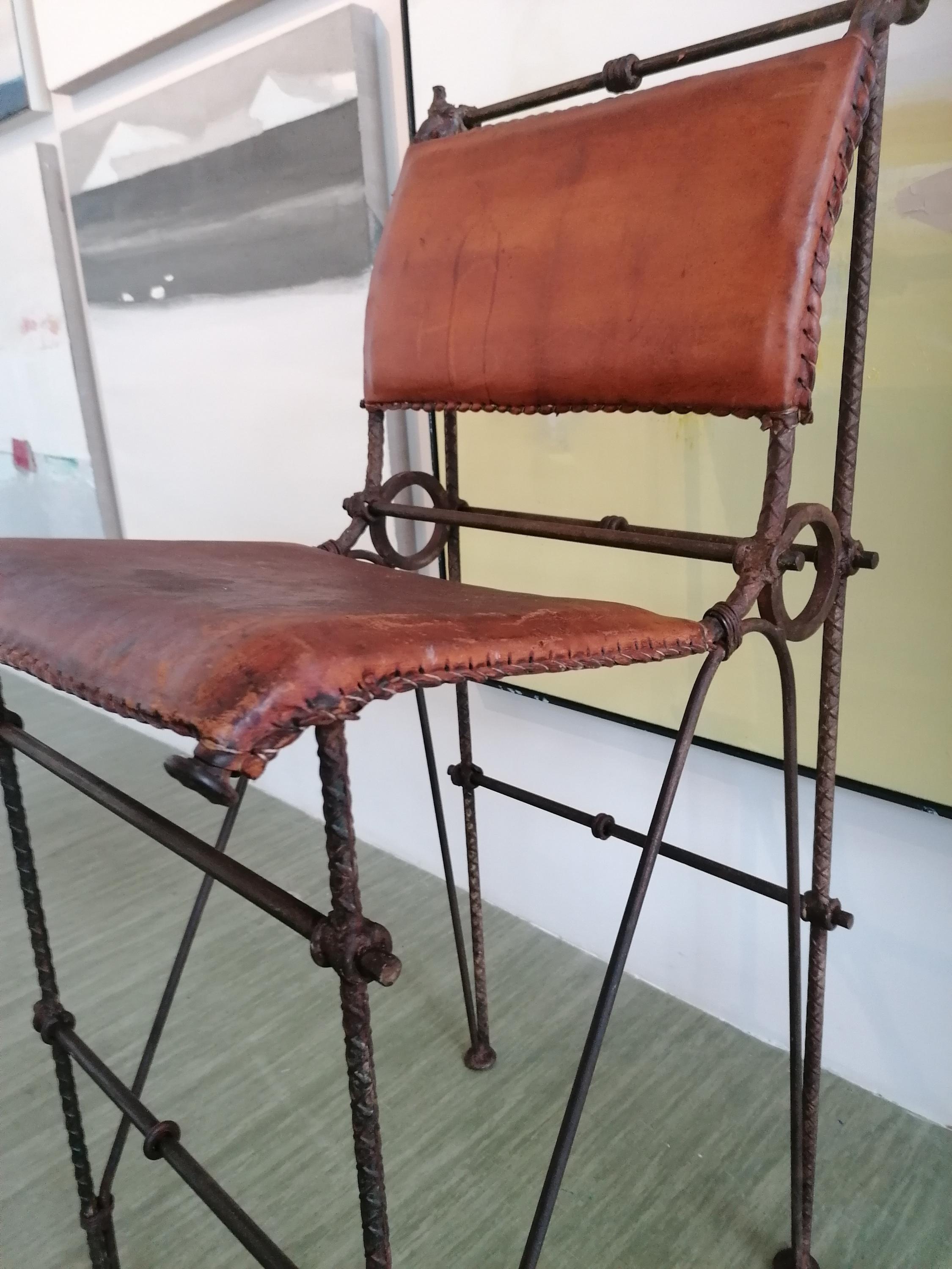 Brutalist iron & hide leather bar stools by Ilana Goor, 1970s. Three available For Sale 2