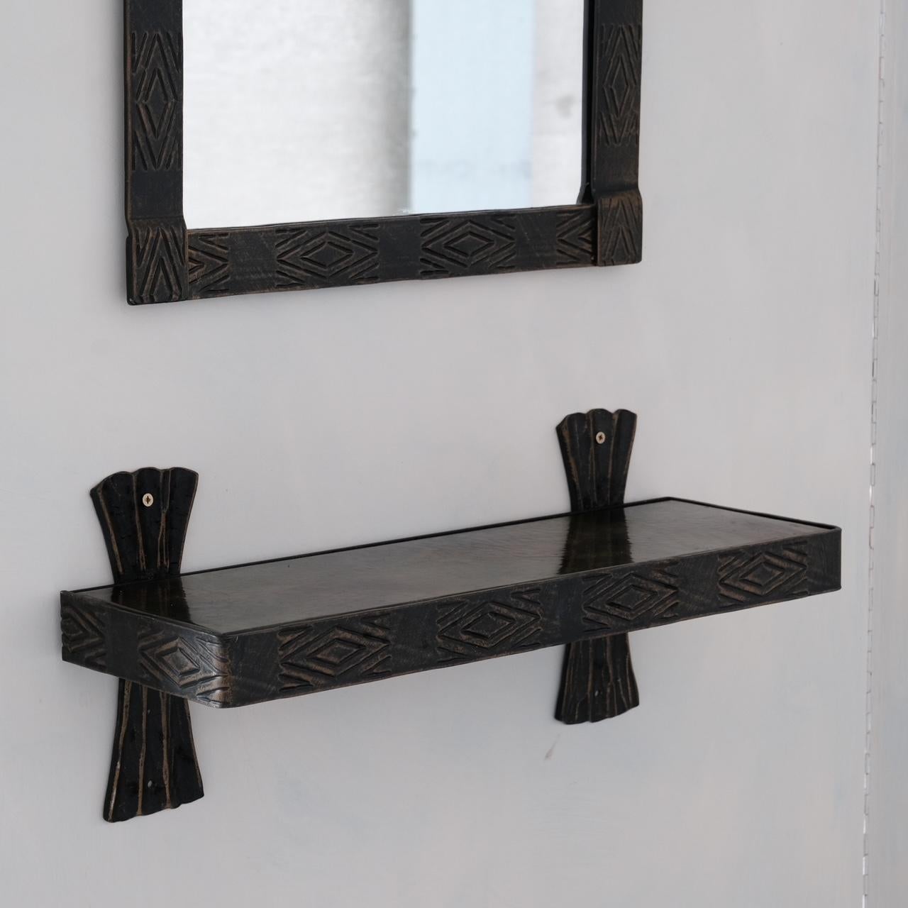 Brutalist Iron Mid-Century Mirror and Wall Shelf In Good Condition In London, GB