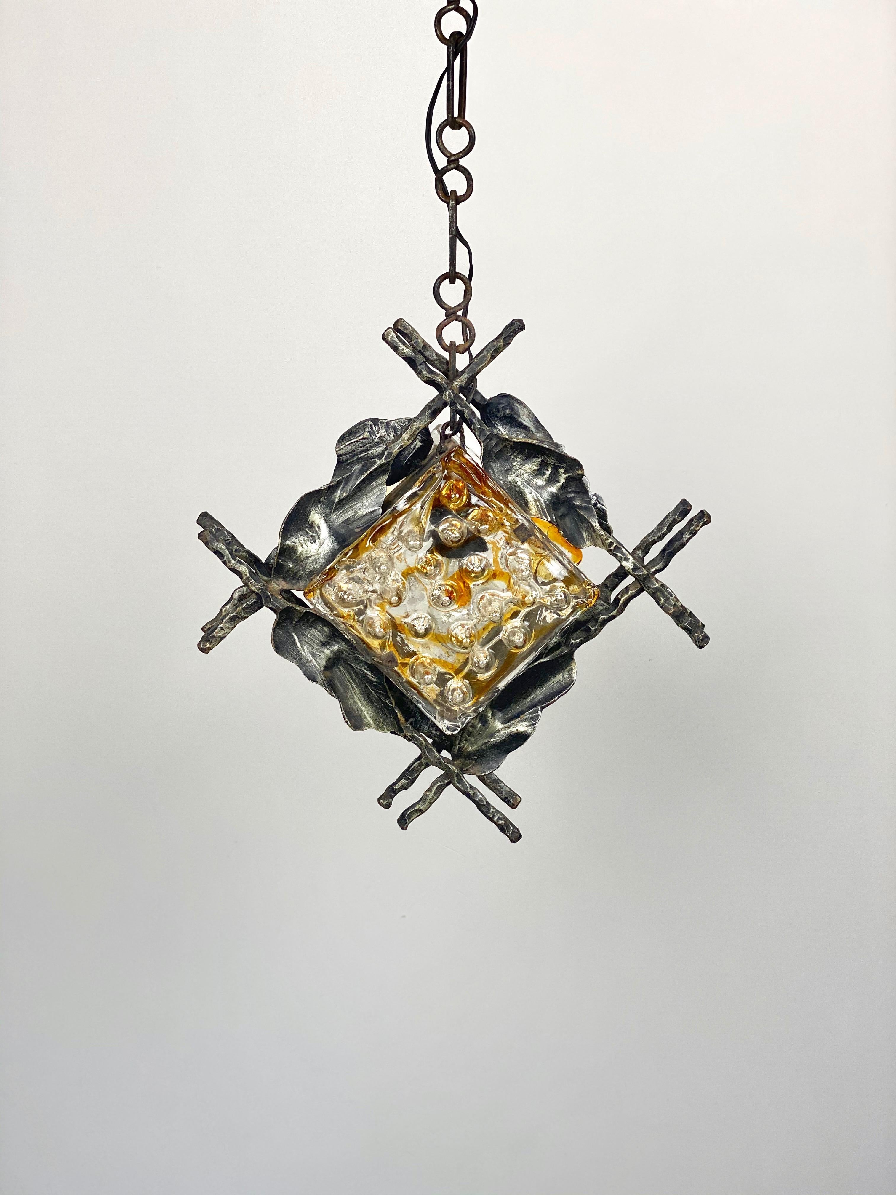 Brutalist Iron Murano Glass Pendant by Tom Ahlström & Hans Ehrlich Sweden, 1970s For Sale 6