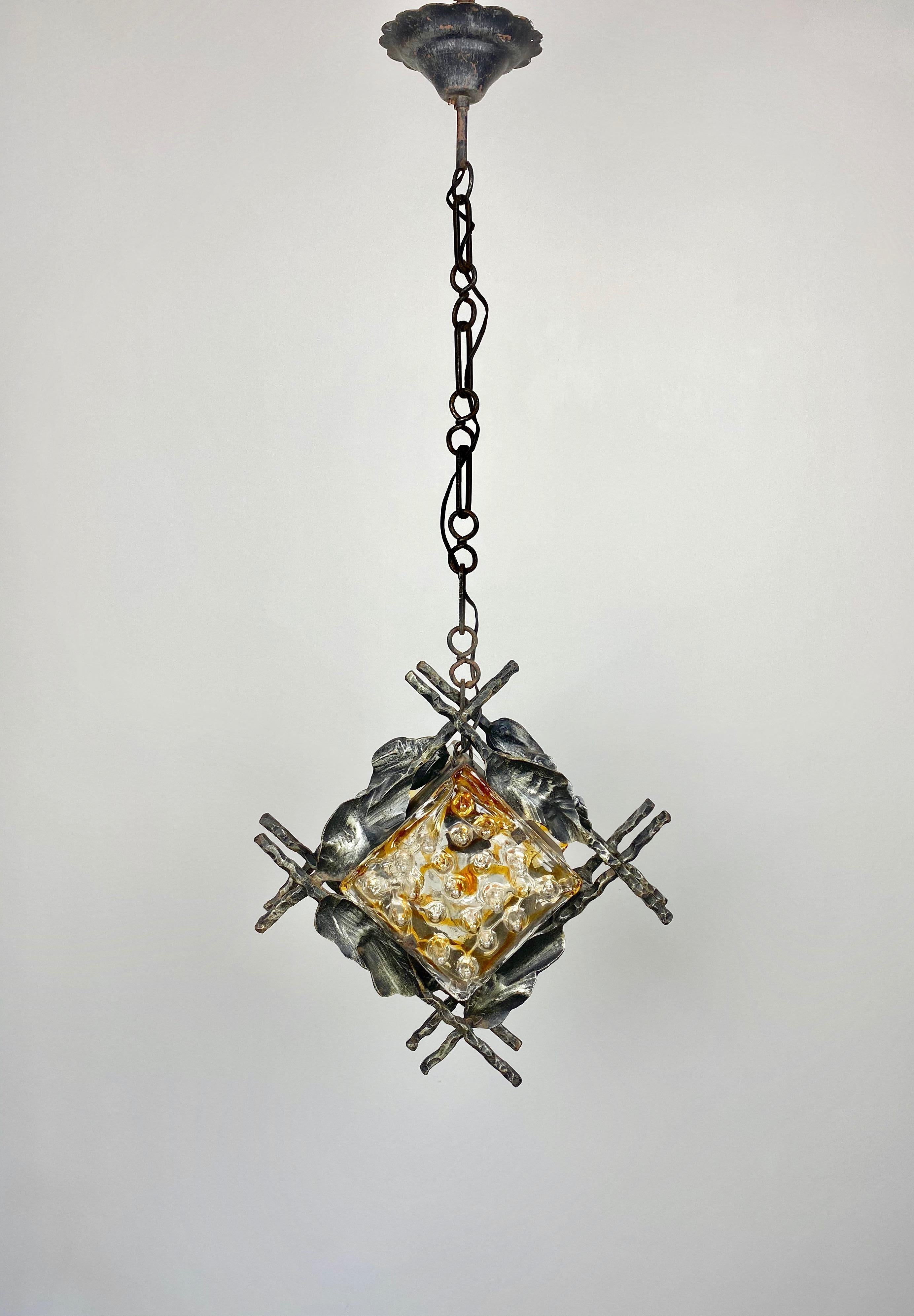 Swedish Brutalist Iron Murano Glass Pendant by Tom Ahlström & Hans Ehrlich Sweden, 1970s For Sale