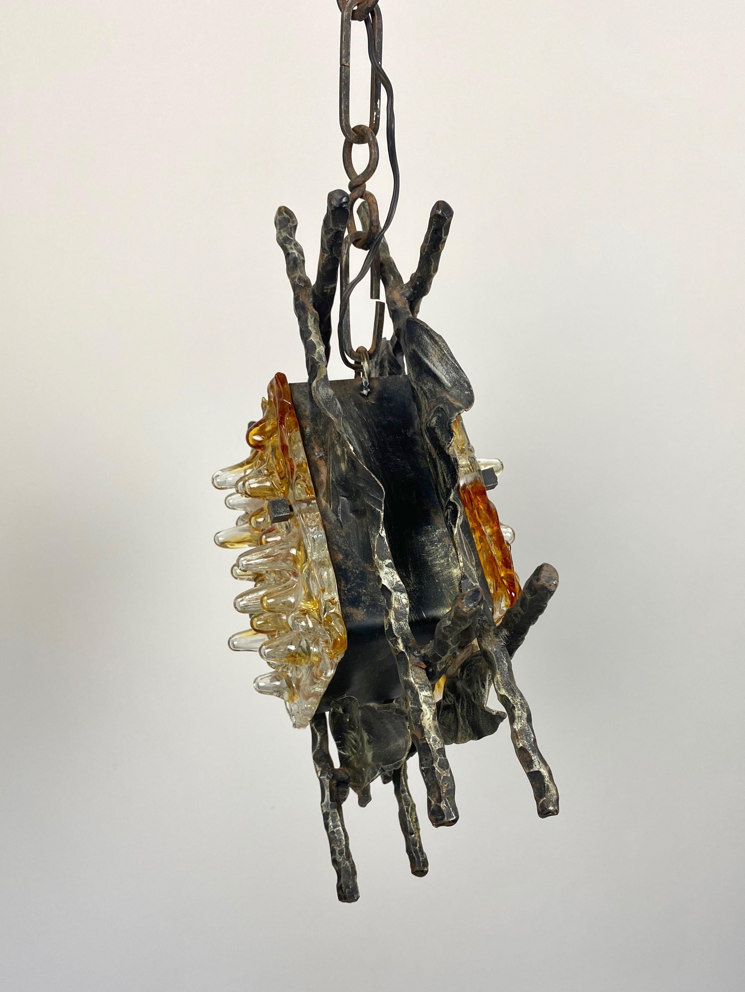 Metal Brutalist Iron Murano Glass Pendant by Tom Ahlström & Hans Ehrlich Sweden, 1970s For Sale