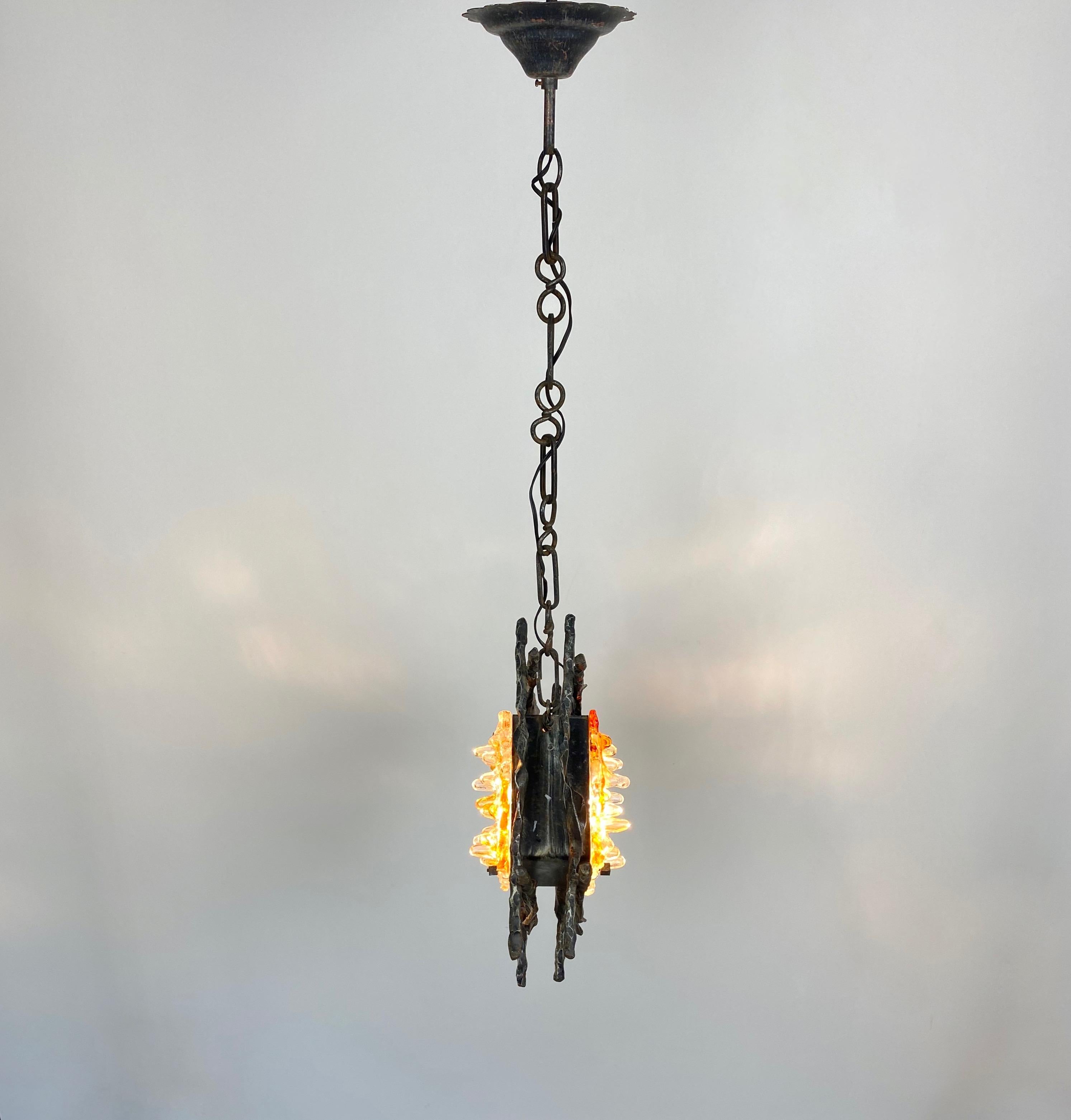 Brutalist Iron Murano Glass Pendant by Tom Ahlström & Hans Ehrlich Sweden, 1970s For Sale 3