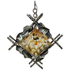 Vintage Brutalist Iron Murano Glass Pendant by Tom Ahlström & Hans Ehrlich Sweden, 1970s