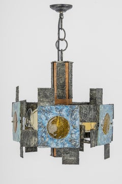 Brutalist Iron Murano Glass Pendant, Italy, 1970s