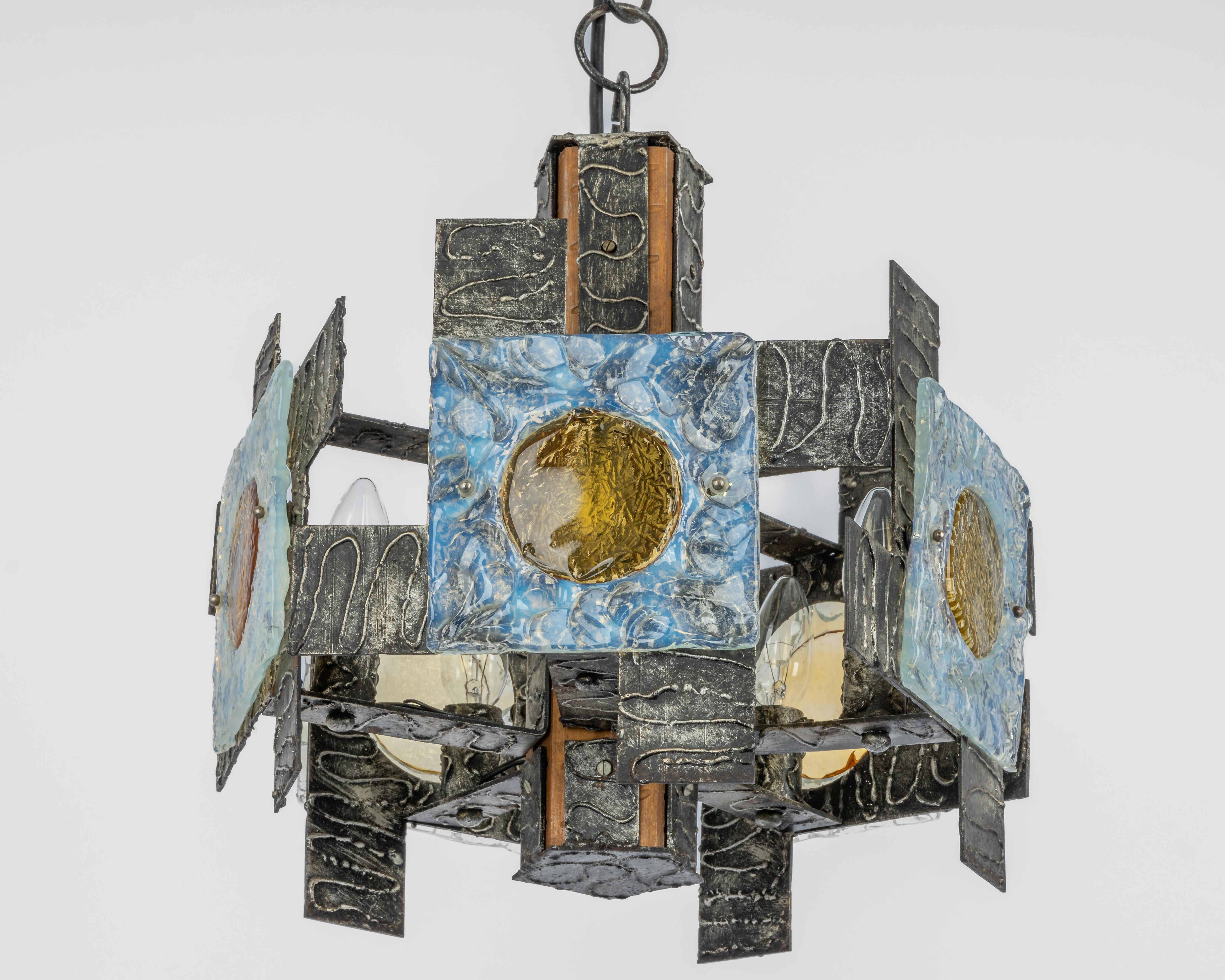 Mid-Century Modern Brutalist Iron Murano Glass Pendant, Italy, 1970s For Sale