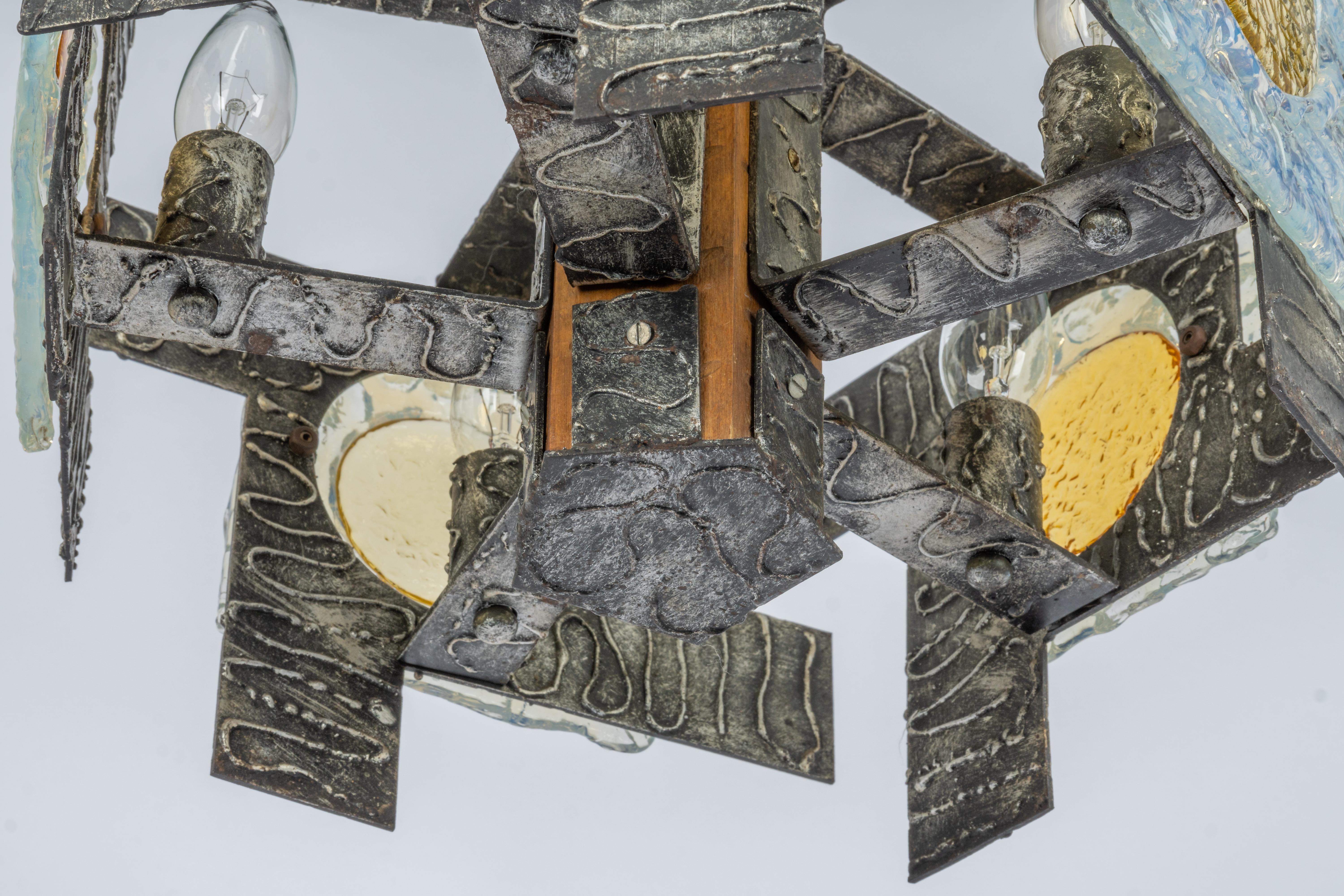 Italian Brutalist Iron Murano Glass Pendant, Italy, 1970s For Sale