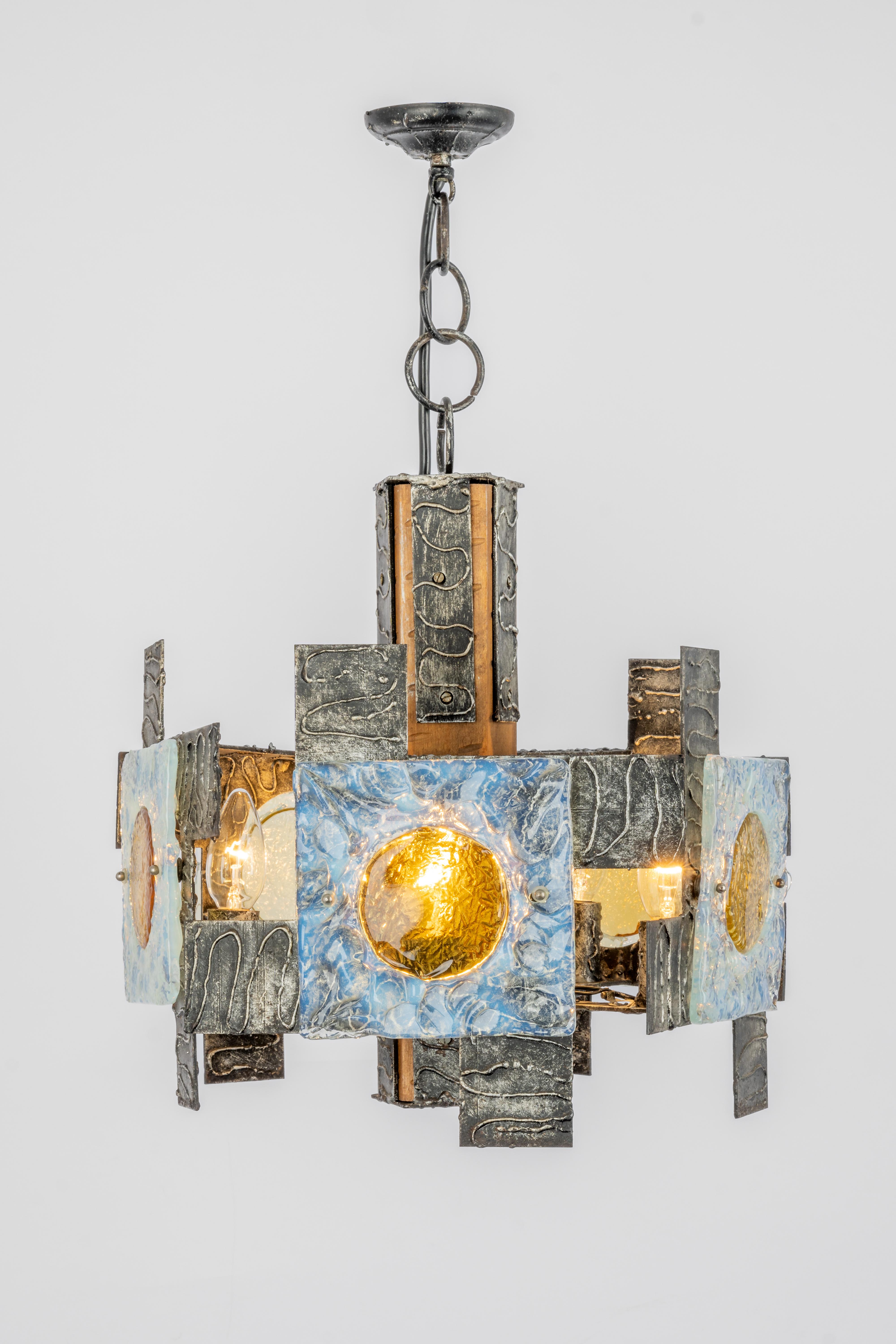 Metal Brutalist Iron Murano Glass Pendant, Italy, 1970s For Sale