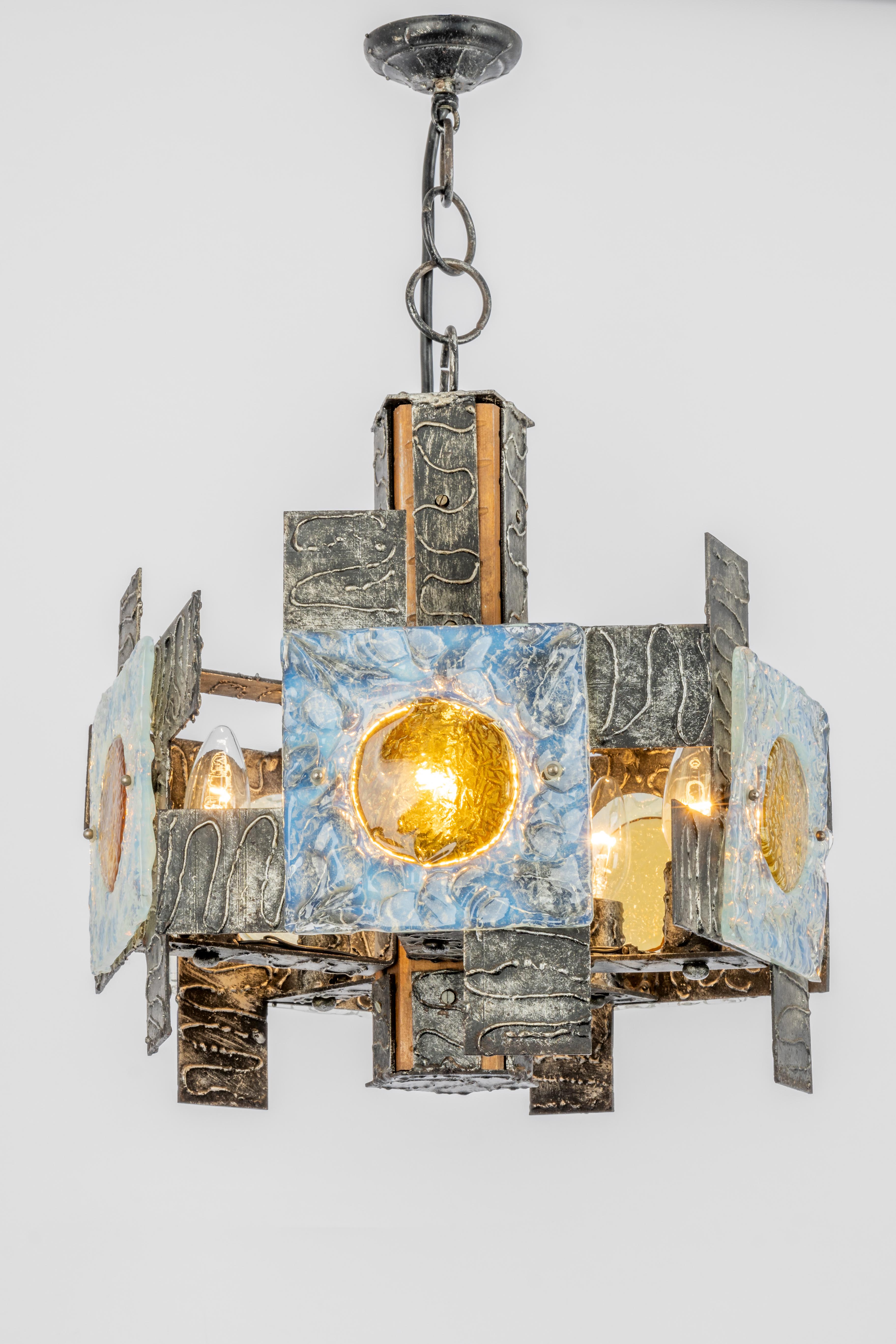 Brutalist Iron Murano Glass Pendant, Italy, 1970s For Sale 1