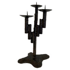 Portacandele forgiato a mano in ferro con finitura brutalista, stile Mid-century Modern, anni '60