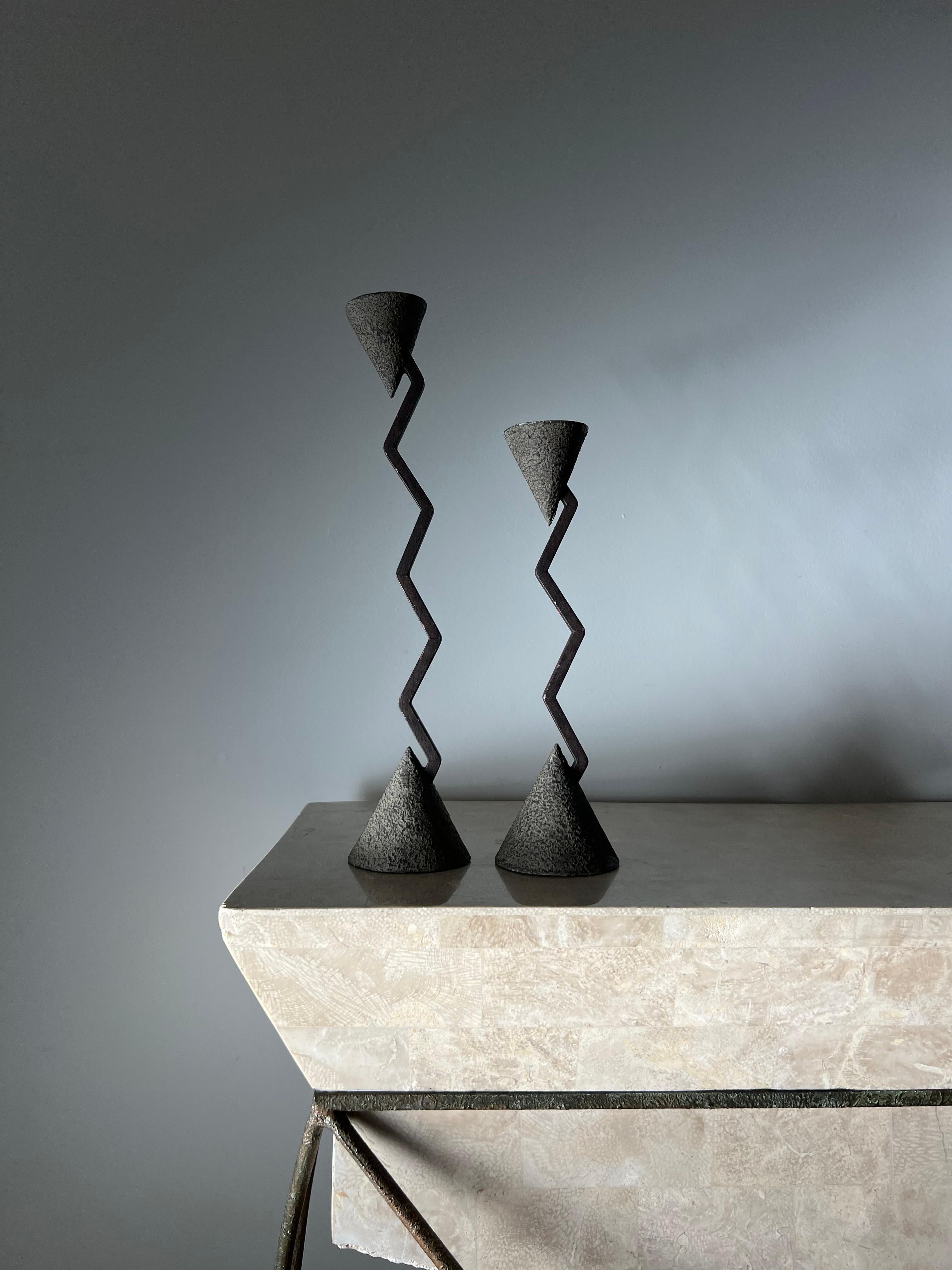 Brutalist Iron Zigzag Candlesticks, 1990s, a Pair  In Good Condition In View Park, CA