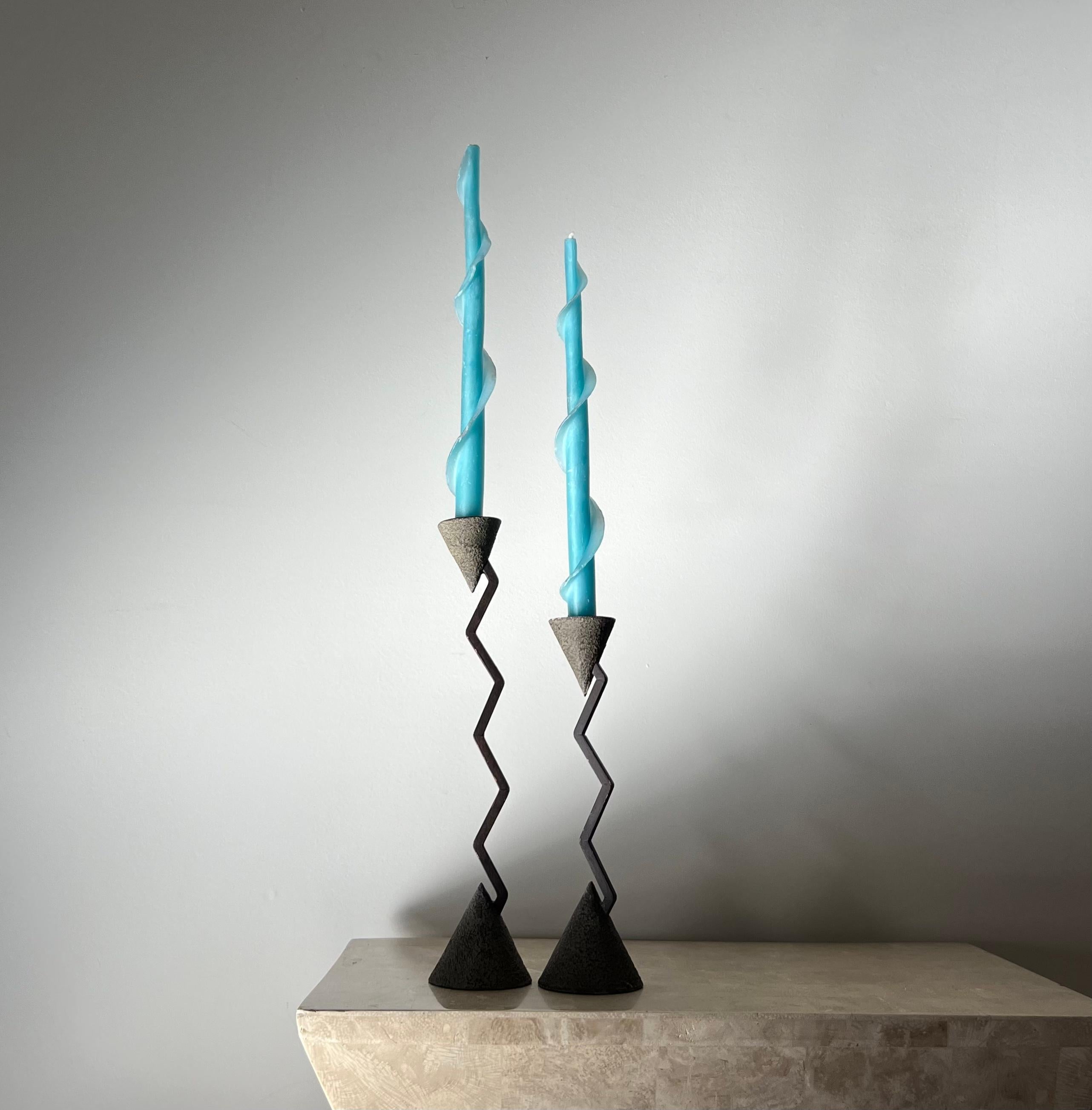 Late 20th Century Brutalist Iron Zigzag Candlesticks, 1990s, a Pair 