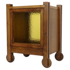 Petit bar italien brutaliste des années 1970 en bois et verre sur roues en bois