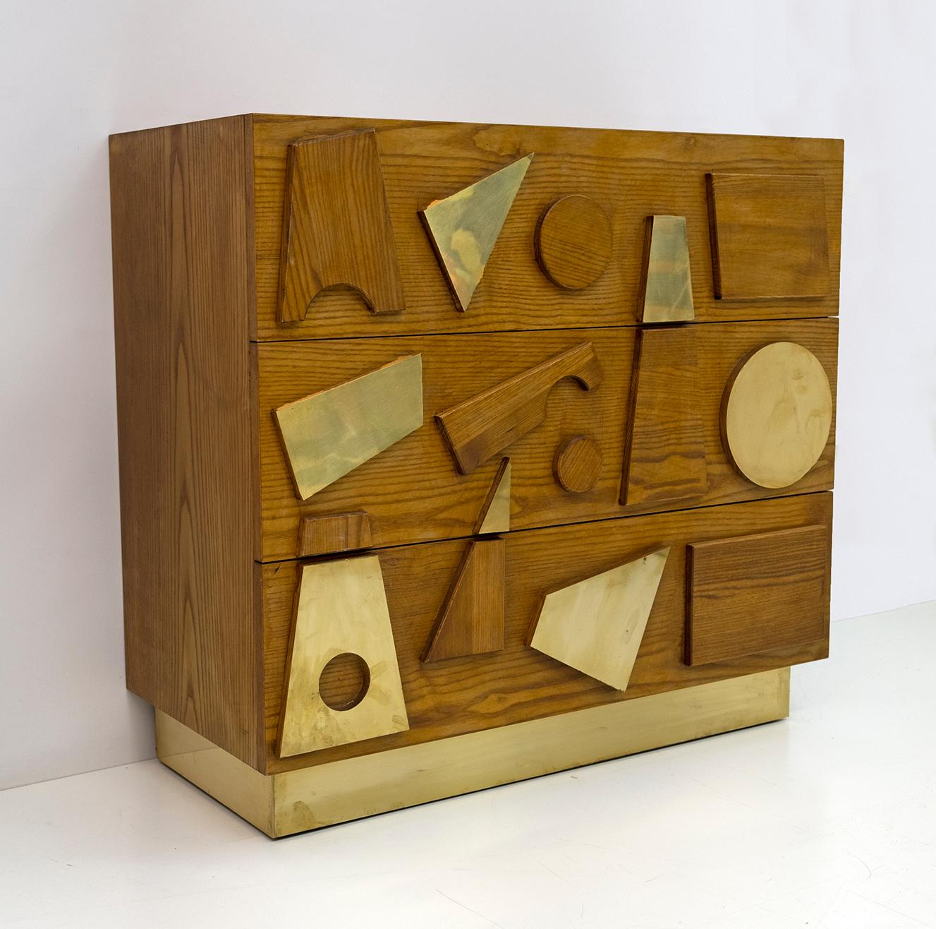 Brutalist Italian Ash Tree and Brass Chests of Drawers, Two For Sale 4
