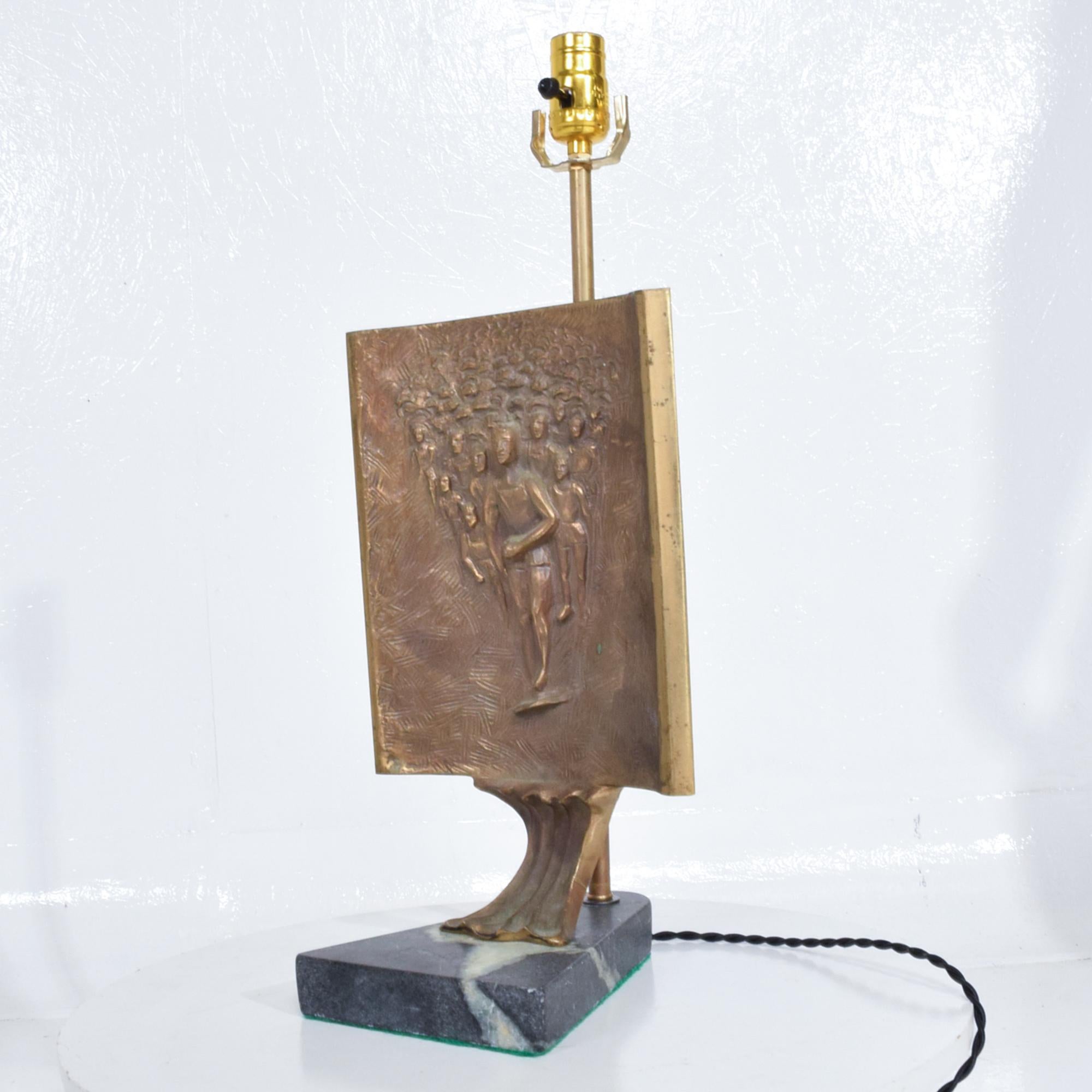 Mid-20th Century Brutalist Italian Bronze Sculpture Table Lamp Green Marble Base, Italy, 1960s