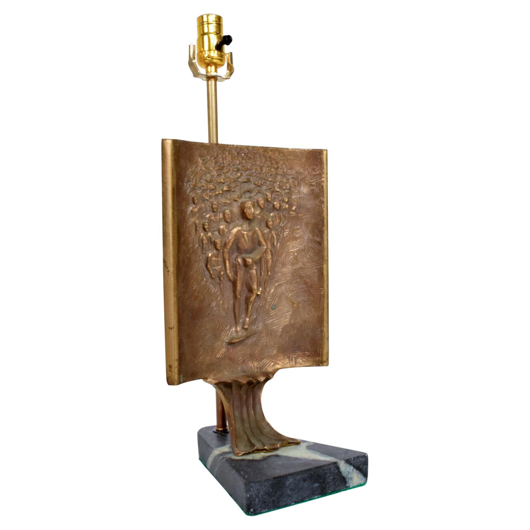 Brutalist Italian Bronze Sculpture Table Lamp Green Marble Base, Italy, 1960s