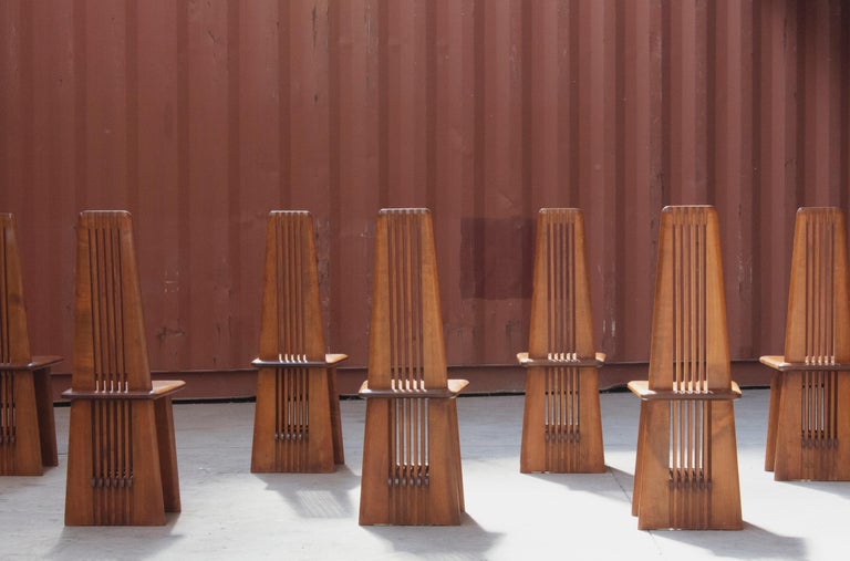 Mid-Century Modern Brutalist Dining Chairs in Walnut, Italy, 1970's, Set of 8 For Sale