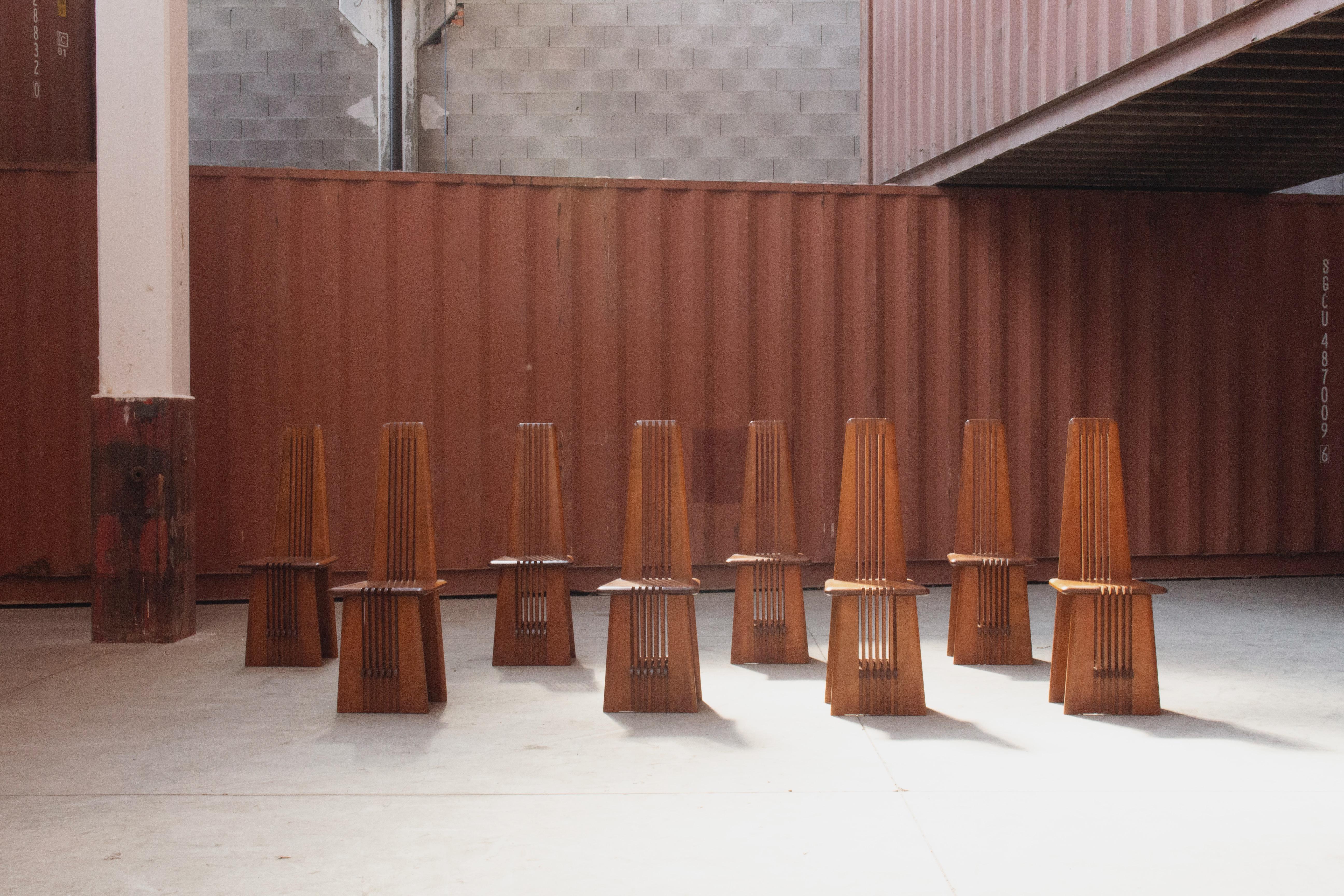 Late 20th Century Brutalist Dining Chairs in Walnut, Italy, 1970's, Set of 8