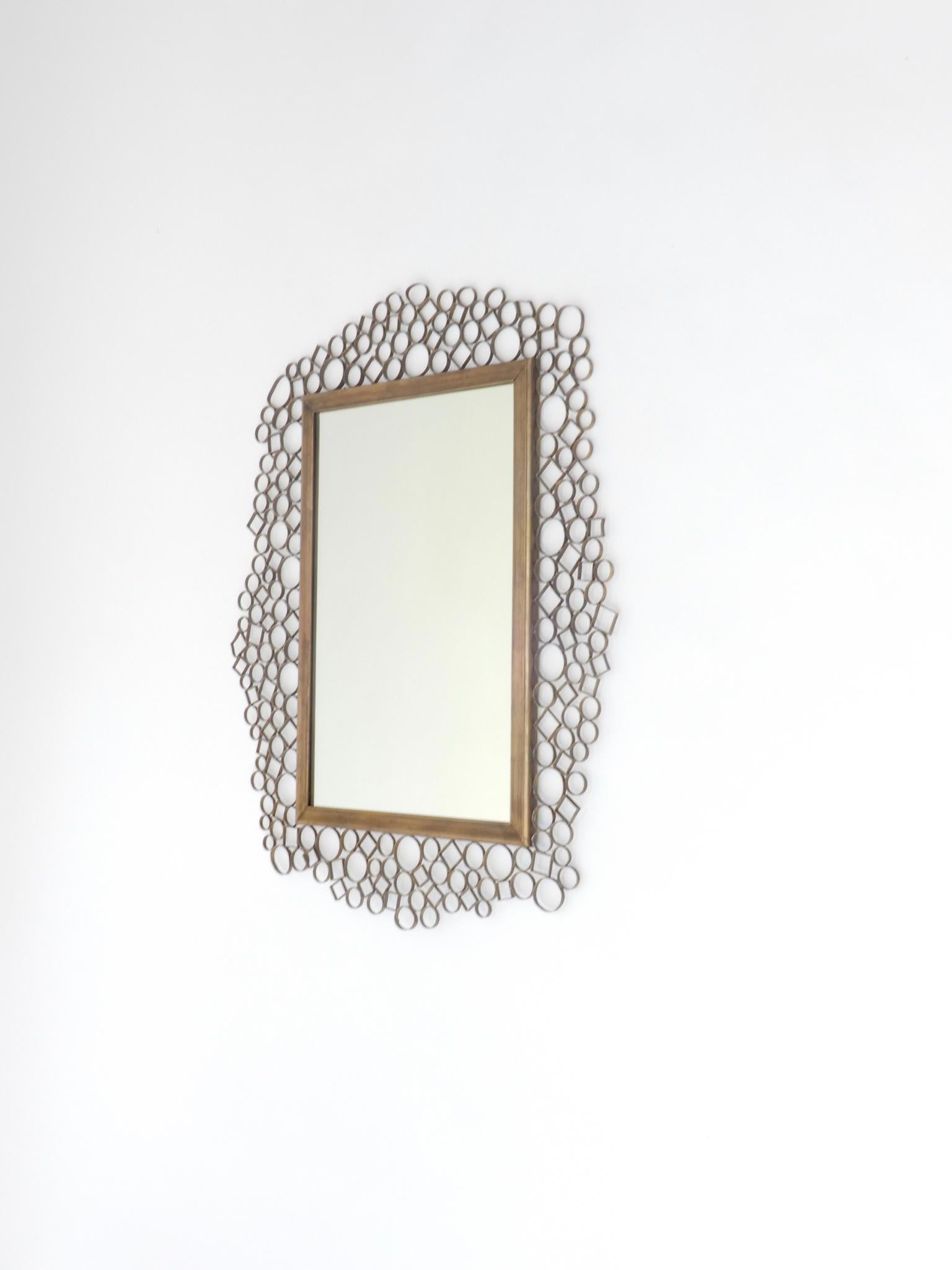 Mid-Century Modern Brutalist  Brass Frame Italian Mirror, 1960s For Sale