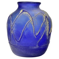 Brutalist Italian Murano Blue Scavo Vase Roman Amphora Style Italian Art Glass