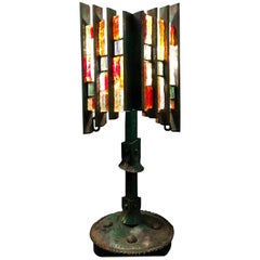 Brutalist Italian Sculptural Cut Glass and Iron Table Lamp from Poliarte, 1970s