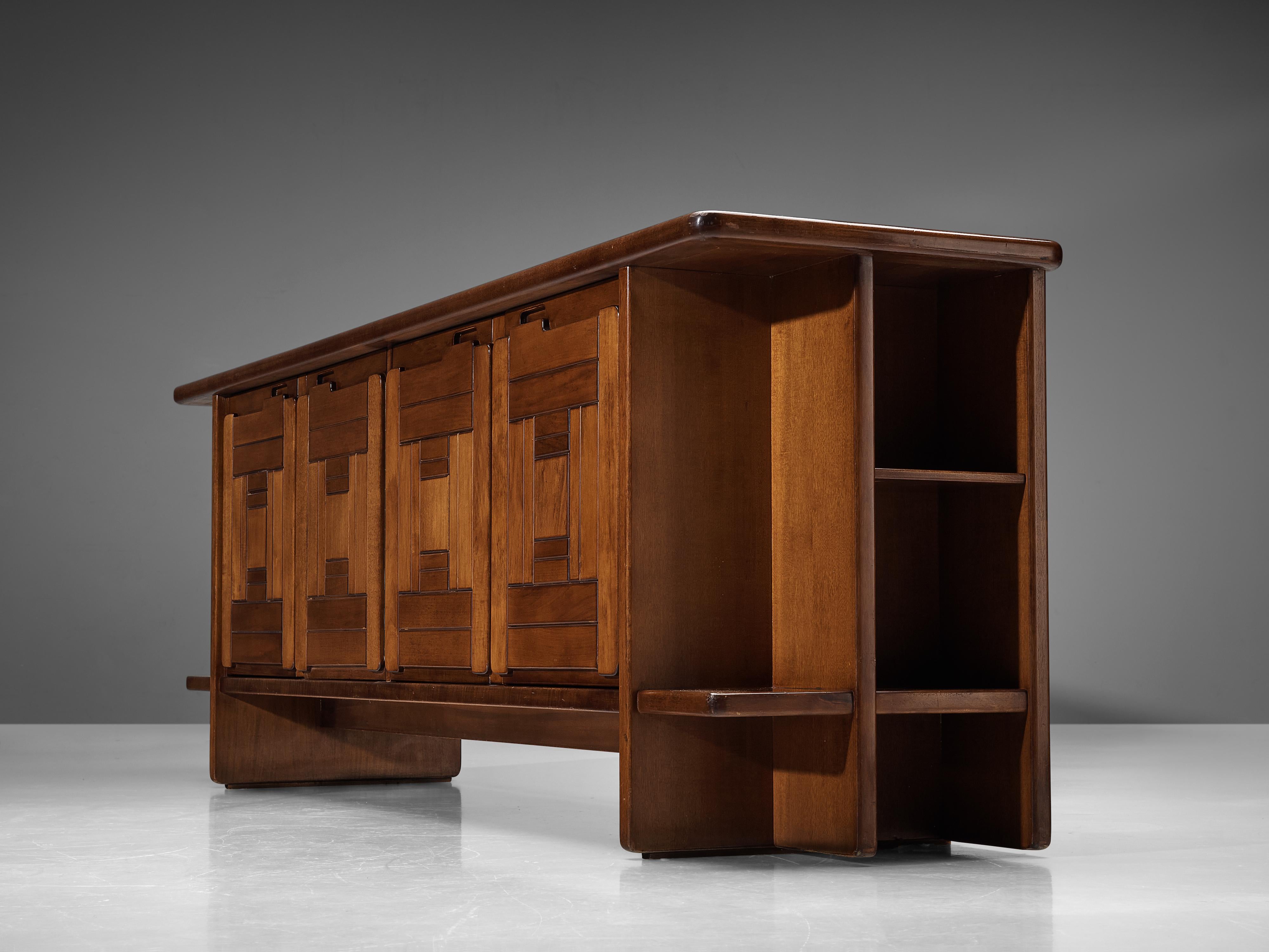 Late 20th Century Brutalist Italian Sideboard with Graphical Doors in Walnut