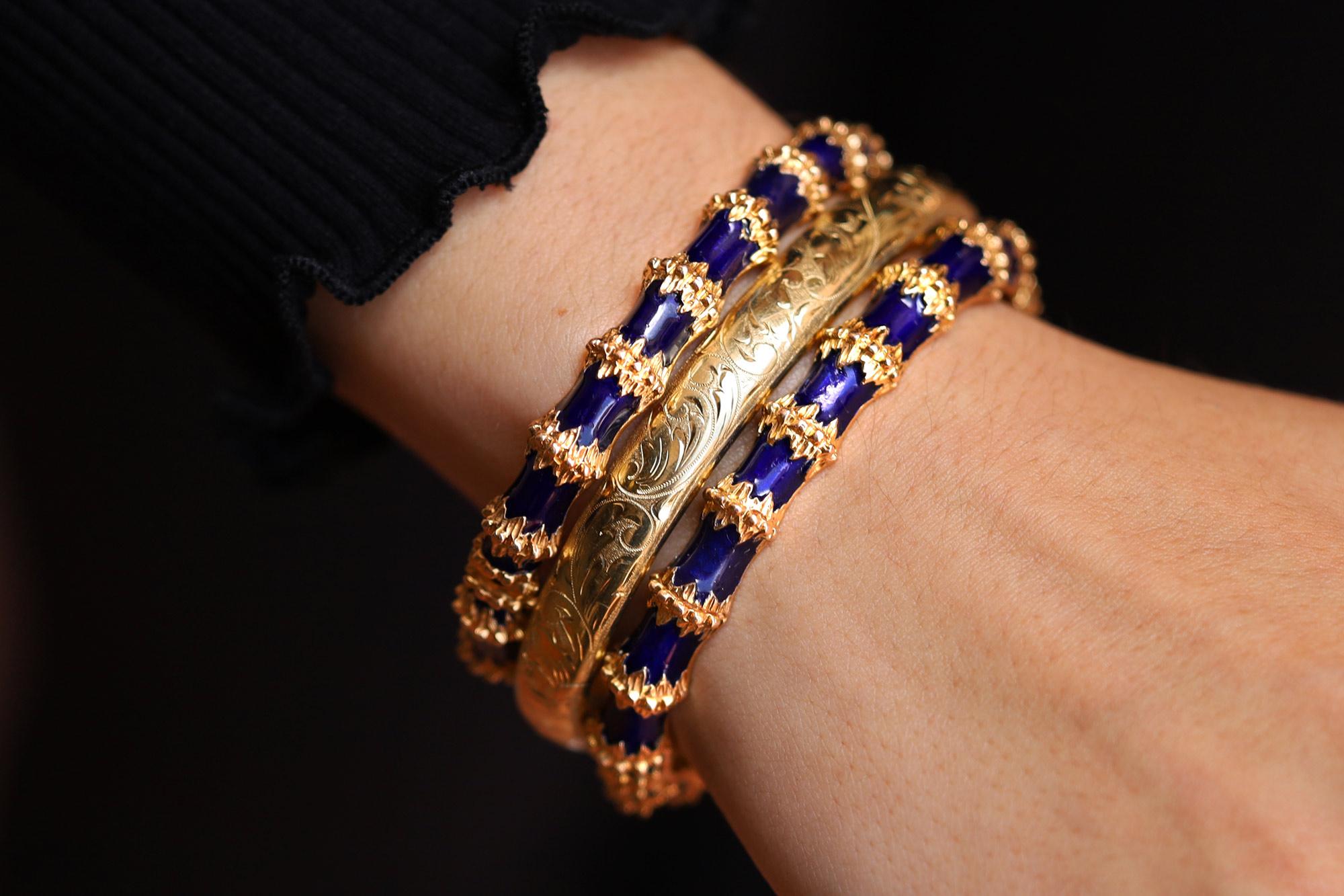 A recent acquisition is this vintage 1960's Brutalist blue enamel bangle bracelet weighing 29.7 grams in 14 karat yellow gold. Featuring an avante-gard design embellished with rich, royal blue enamel, this eminently wearable bracelet is quite