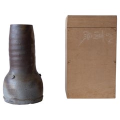 Brutalist Japanese Ceramic Bizen Vase with Signed Presentation Box