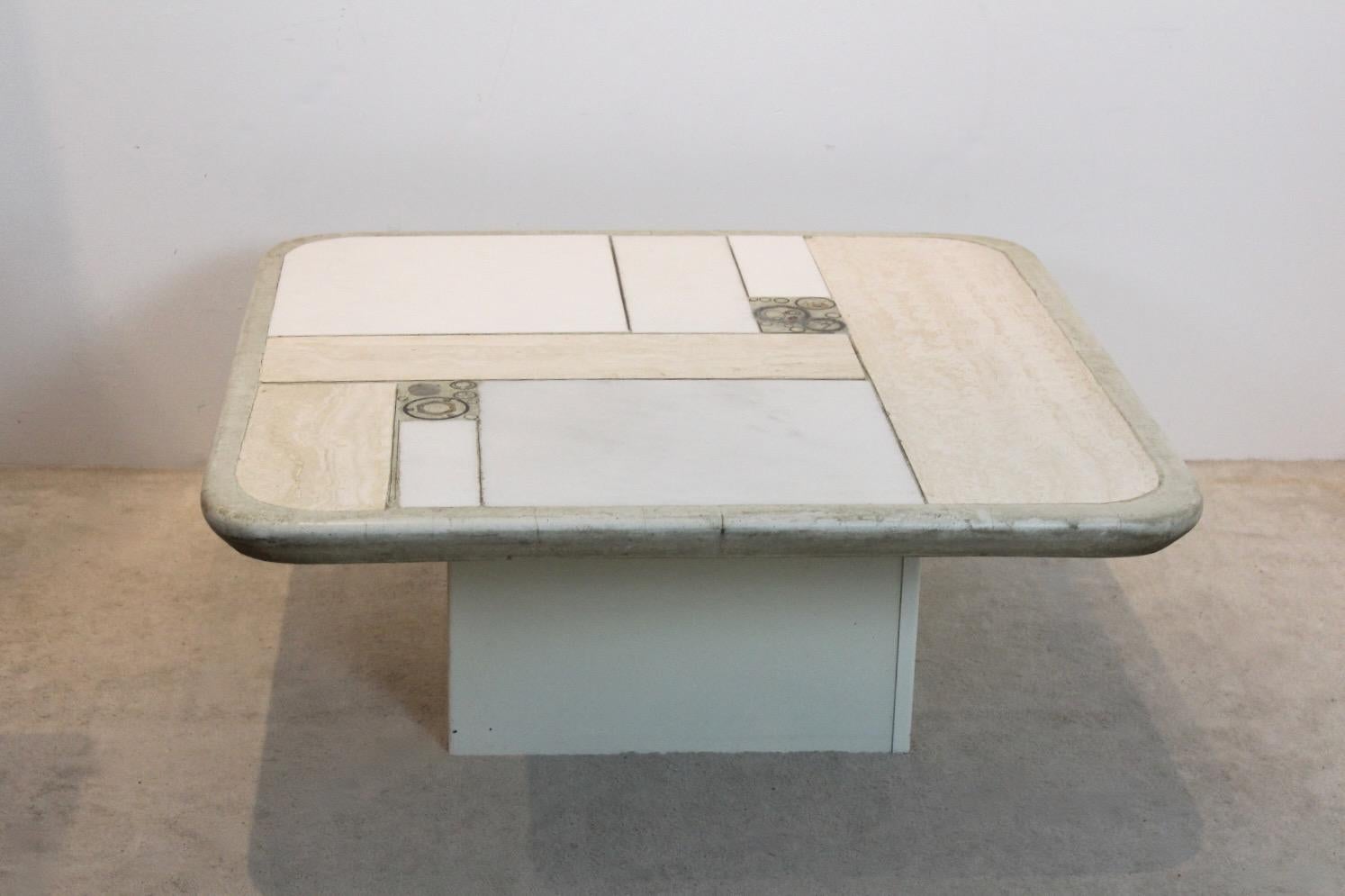 Brutalist Kingma One-Off White Marble and Brass Artwork Coffee Table 7