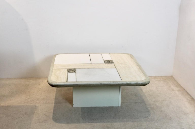 Fantastic and unique kingma stone art marble coffee table with metal foot. Made and signed in the ‘90s for a client in the Netherlands. No other Table has the same unique inlay as the table is one-off, a unique item made as a single piece, and not