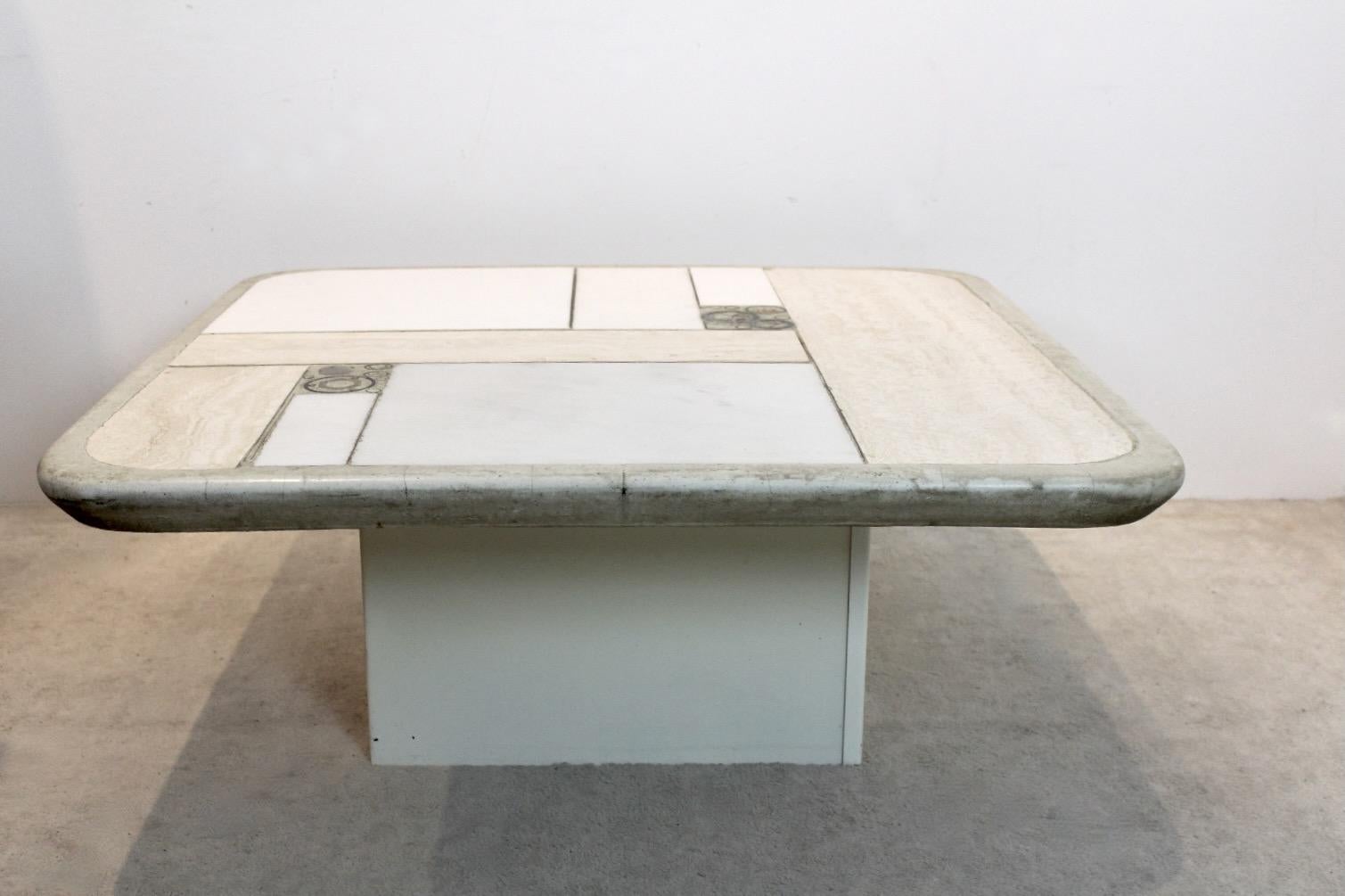 Brutalist Kingma One-Off White Marble and Brass Artwork Coffee Table 1