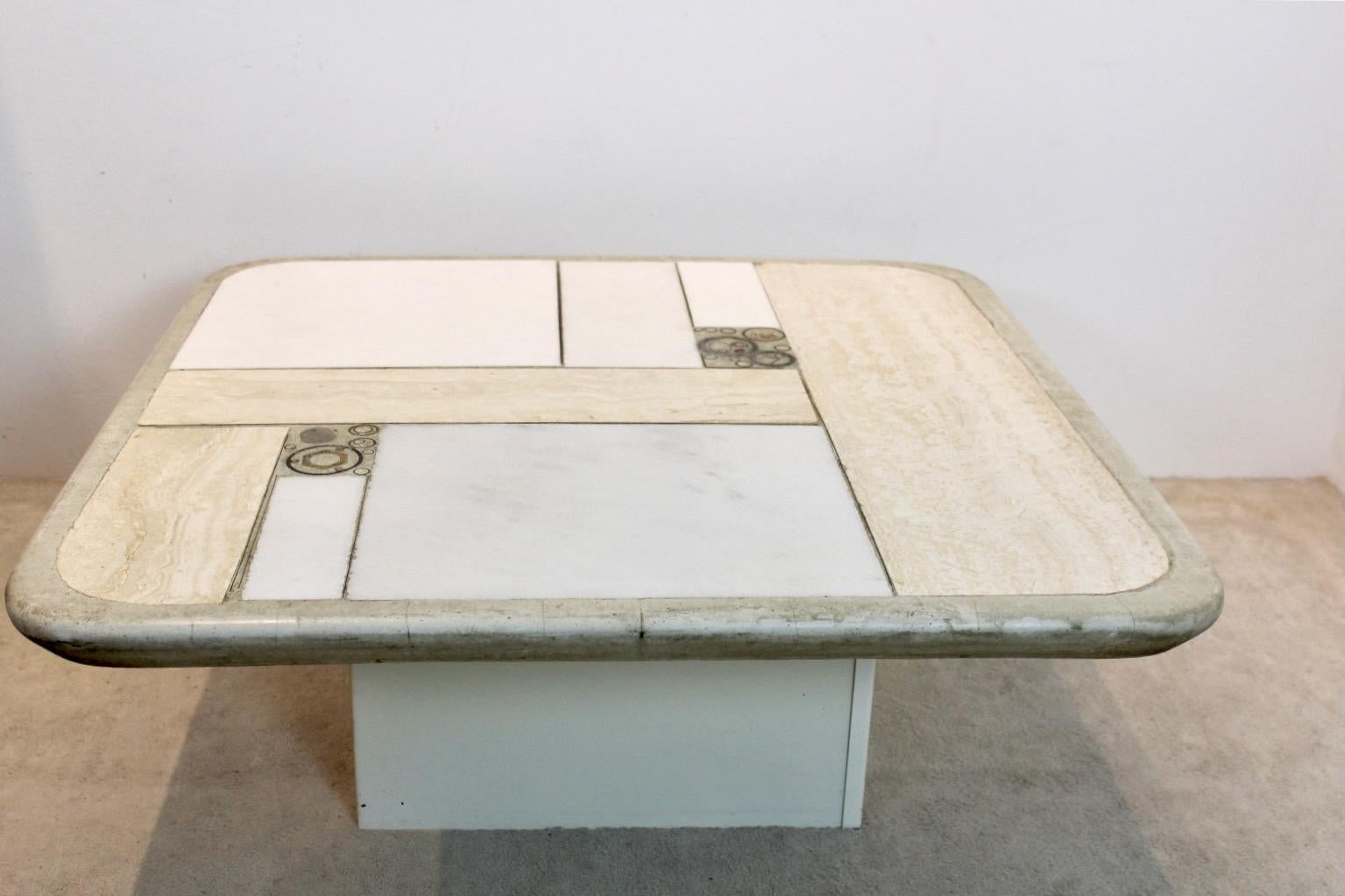 Brutalist Kingma One-Off White Marble and Brass Artwork Coffee Table 2